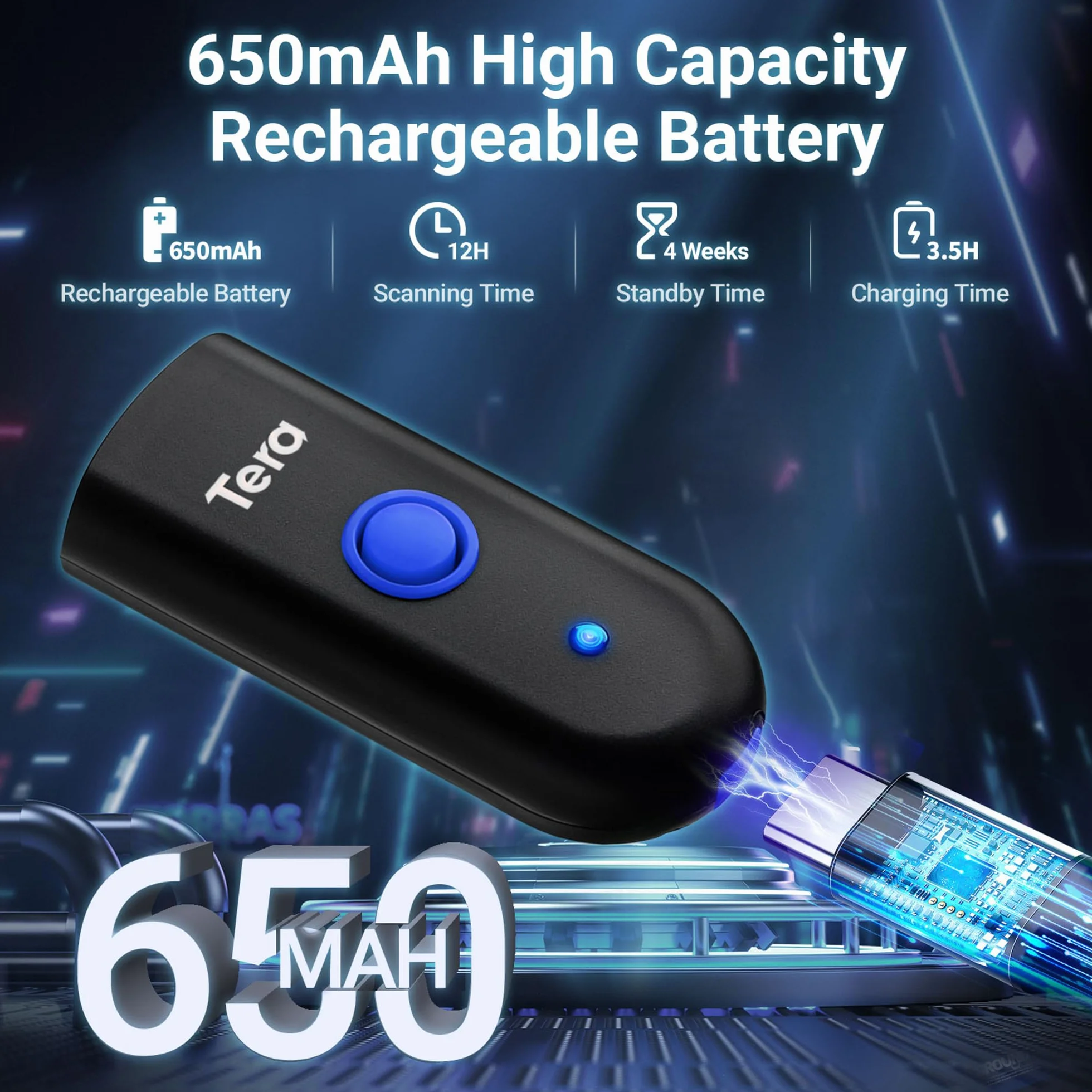 Tera Mini przenośny skaner kodów kreskowych, laserowy skaner kodów kreskowych 3 w 1, Bluetooth, kabel USB, bezprzewodowy 2,4G, do czytnika kodów kreskowych 1D, 1100 laserów