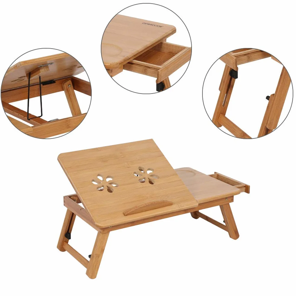 Greensen Stolik do łóżeczka dziecięcego na laptopa, regulowany bambusowy blat, przenośny stół komputerowy Nanzhu z wysuwanymi nogami z szufladą, 50 x 30 x 20 cm