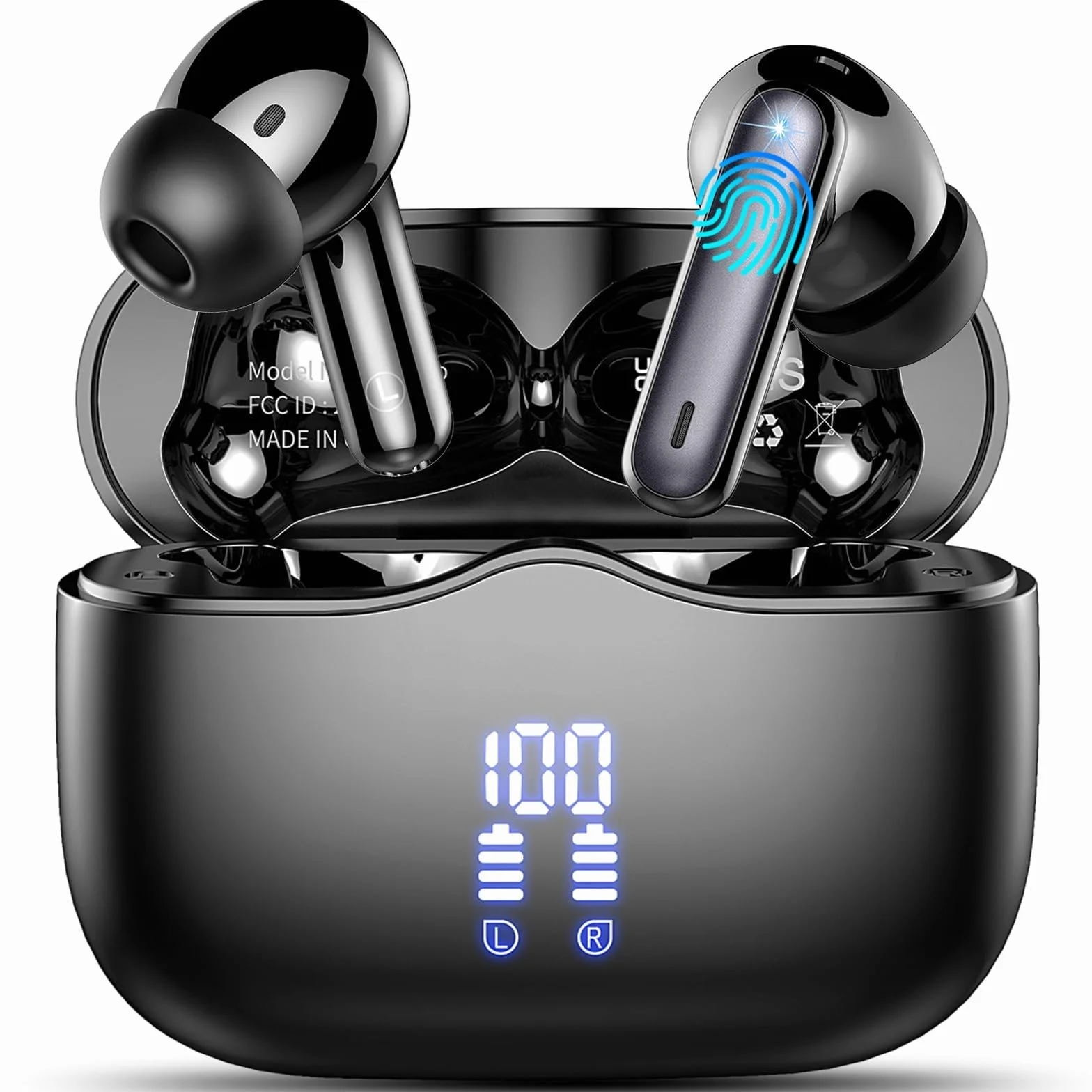 Bezprzewodowe słuchawki douszne, słuchawki bezprzewodowe bluetooth 5.4 z mikrofonami z redukcją szumów ENC, 40 H z głębszym basem, wodoodporne słuchawki IP7 z wyświetlaczem LED, Czarny
