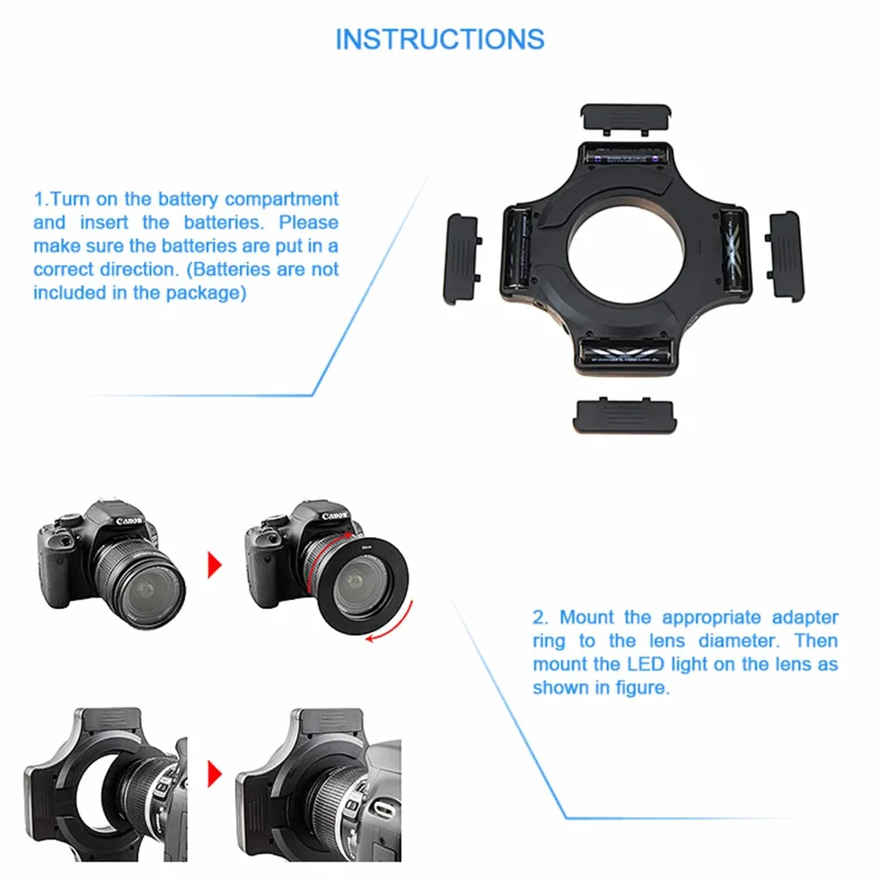 JJC Makro LED lampa pierścieniowa z 60 diodami LED o wysokiej intensywności, dyfuzor lampy błyskowej do obiektywu Canon Sony Nikon Olympus Fuji DSLR, 6 pierścieni dopasowania obiektywu - od 49 mm do