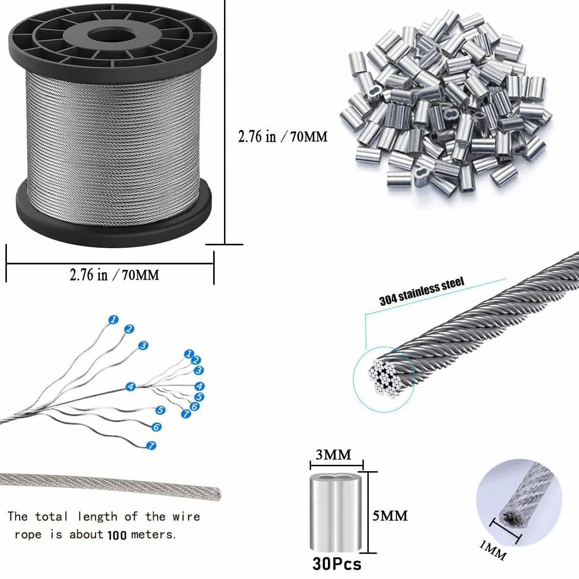 100 m Stahlseil 1 mm Linka Stalowa, 304 Stahl Drut Stalowy 7 x 7 Miękka/Elastyczna, 40 Szt. M1 Aluminiowa Tuleja Zaciskowa do Liny Stalowej, Zawieszenia, Zasłony, Kabla ze Stali Nierdzewnej