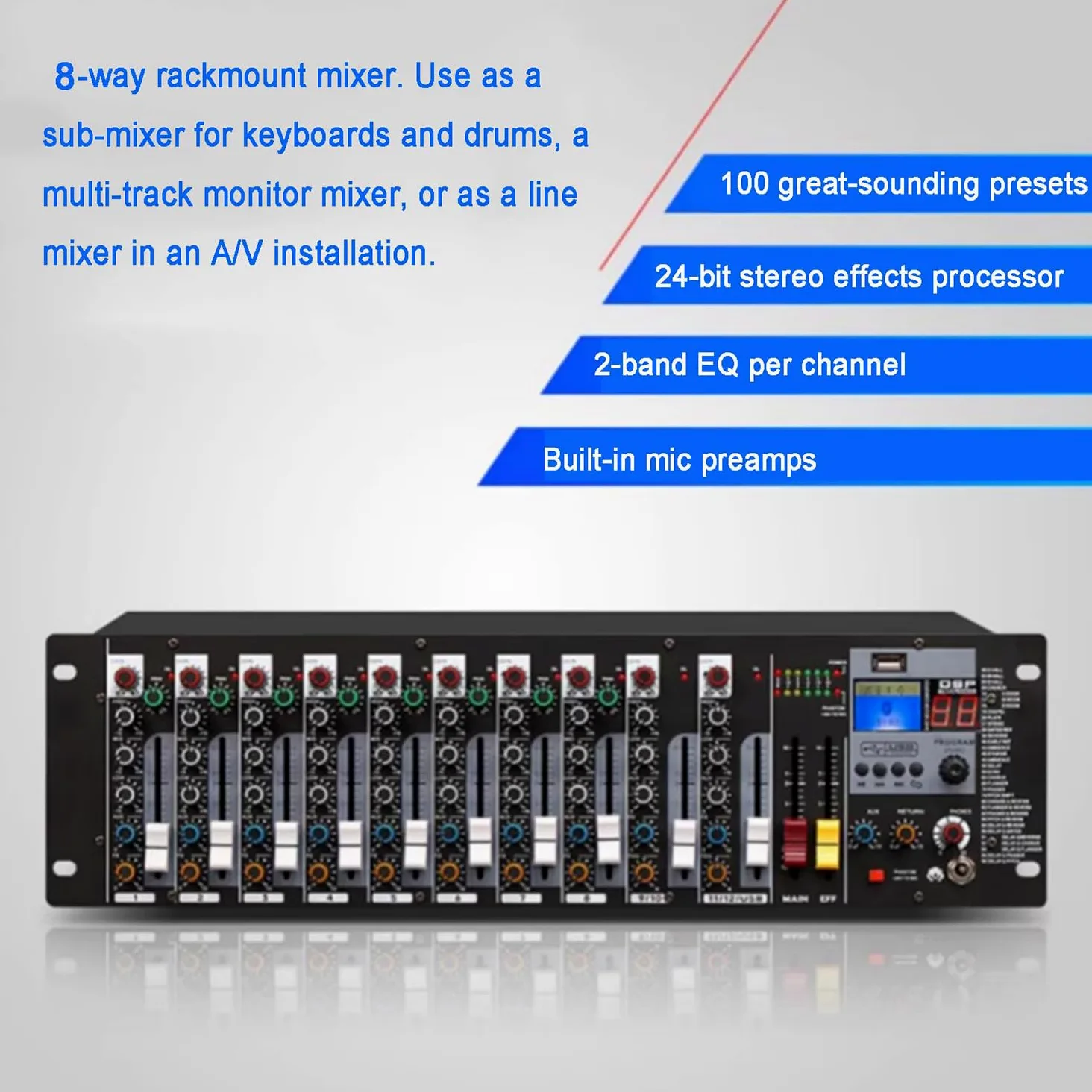 8-kanałowy mikser liniowy stereo – przedwzmacniacze mikrofonowe, mikser audio do montażu w szafie z 3-pasmowym korektorem na kanał, odtwarzanie USB/MP3, wejścia XLR do studia nagraniowego, koncertów