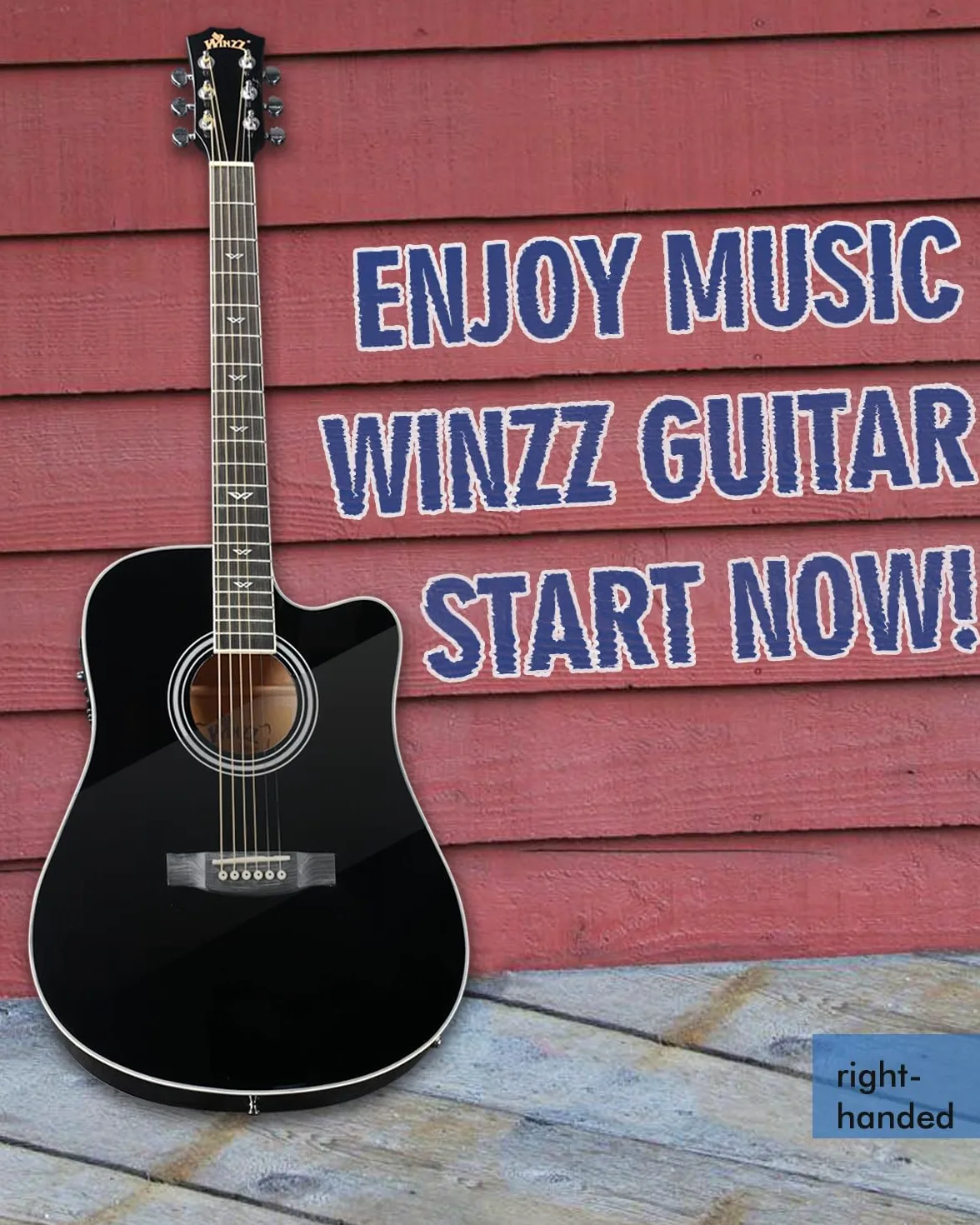 Winzz Elektryczna gitara akustyczna Western 4/4, dla początkujących, dorosłych i dzieci (praworęczna, czarna, błyszcząca)