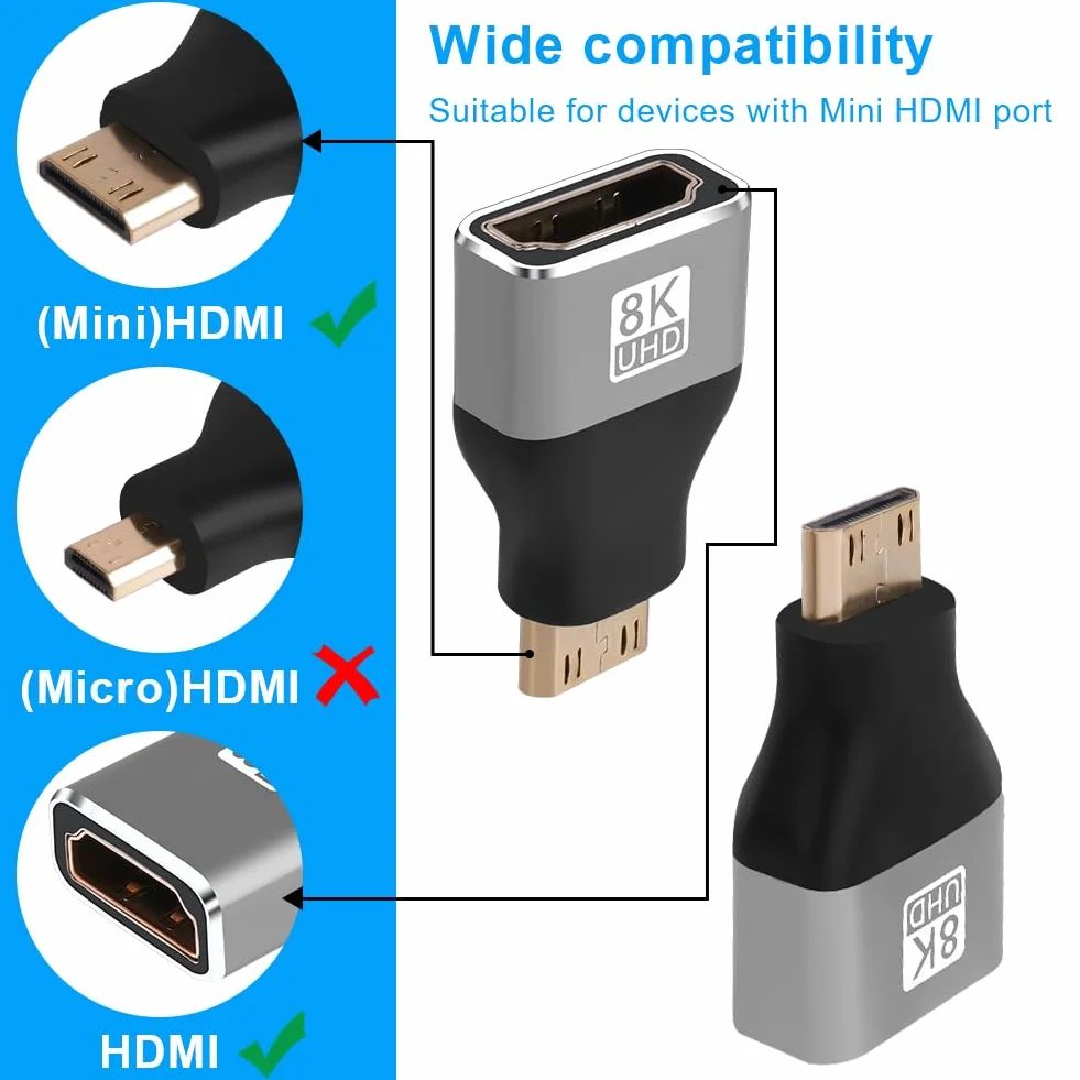 AXFEE Adapter mini męski na HDMI żeński 2 w 1 – 8K przy 60 Hz, złącze HDMI do laptopa, HDTV, PC, monitora, PS, Xbox, DVD