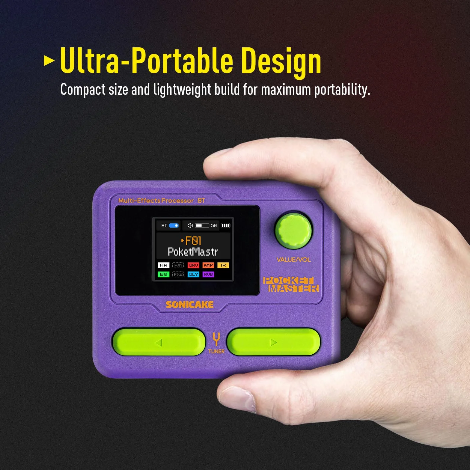 SONICAKE Pocket Master Przenośny procesor gitarowy i basowy z modelowaniem wzmacniaczy, symulacją kolumn IR, efektami, interfejsem audio USB OTG stereo, Bluetooth, kolorowy ekran LCD 1,77", fioletowy