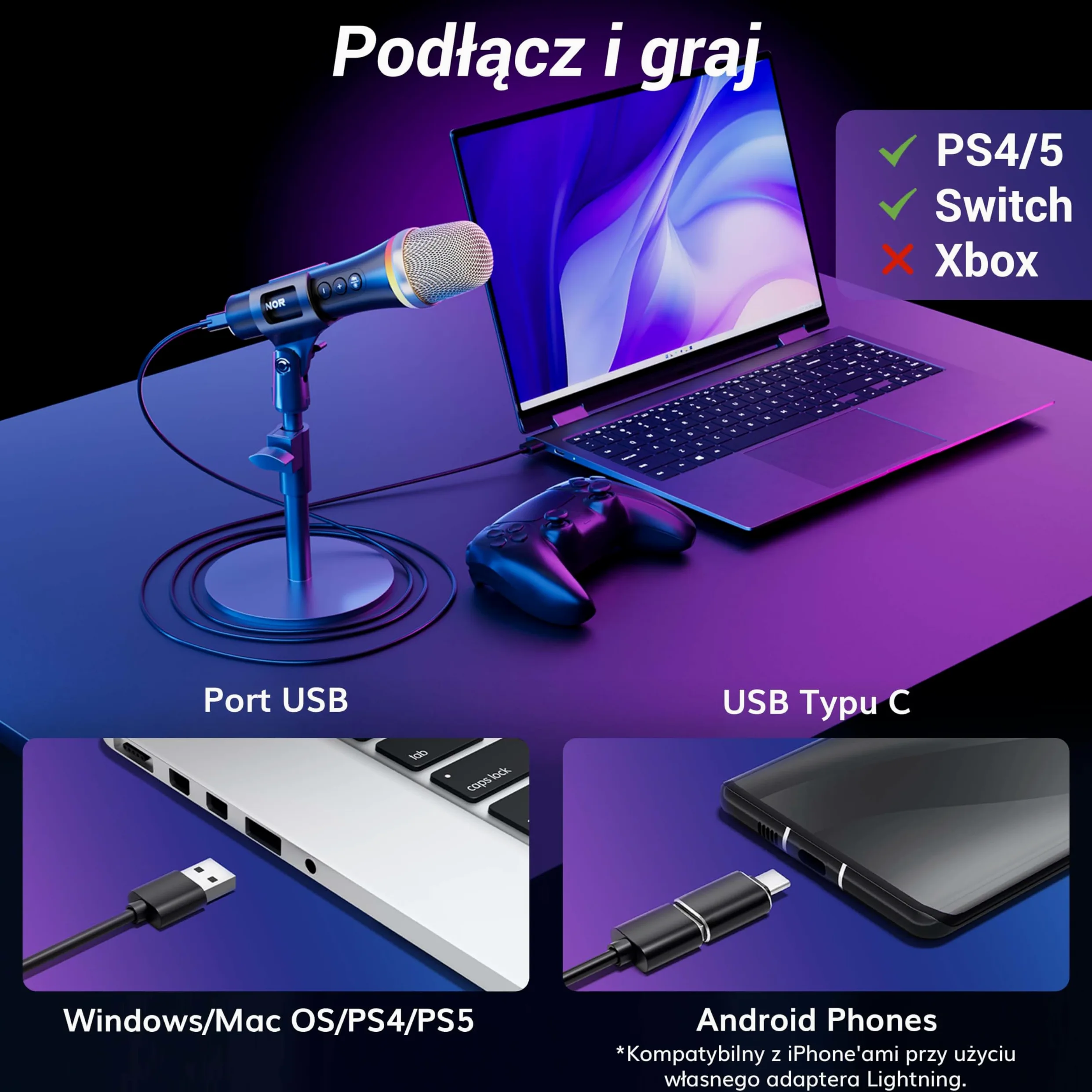 TONOR Mikrofon dynamiczny USB/typ C do komputera PC, mikrofon do gier komputerowych do podcastów RGB ze stojakiem biurkowym do nagrywania, Na żywo,YouTube, śpiewania, studia, karaoke czarny