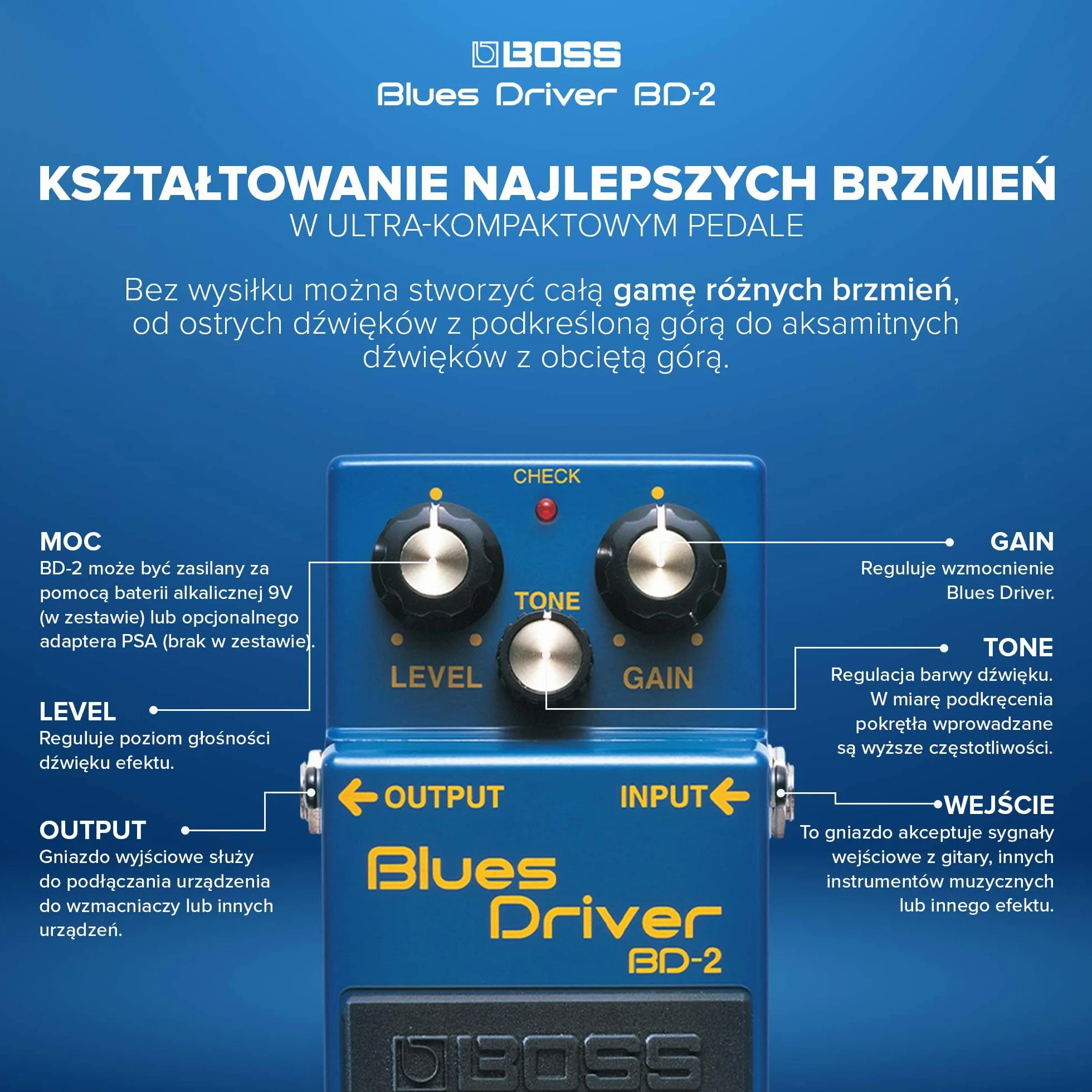 BOSS BD-2 Blues Driver | Pedał Kompaktowy Overdrive | Aksamitne i Chropowate Brzmienia | Symulacja Wzmacniacza Lampowego | Reaguje na Dynamikę Gry i Zmiany Głośności | Szeroki Zakres Wzmocnienia