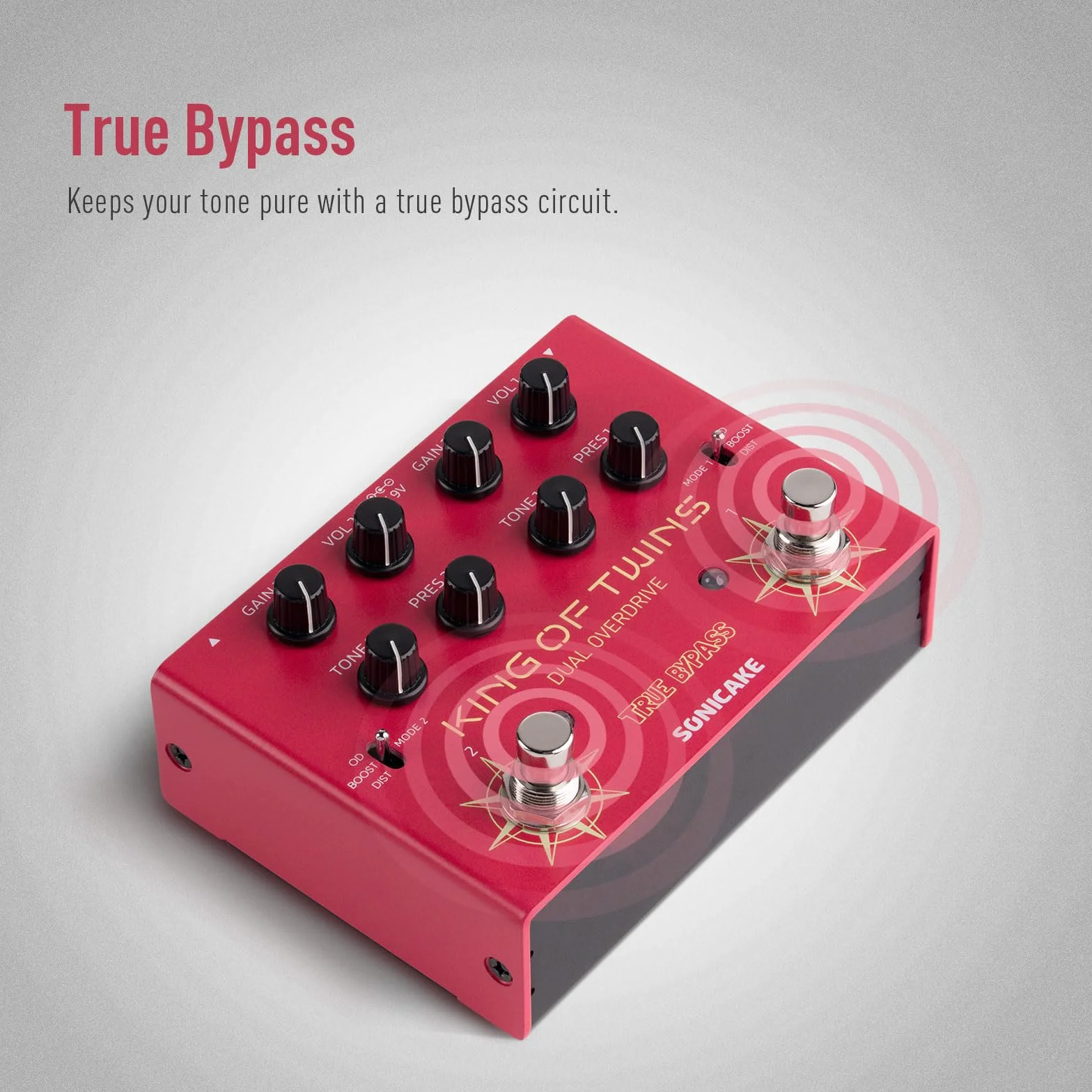 SONICAKE Overdrive, dwukanałowy, 3 tryby - Overdrive/Boost/Dystorsja, kompaktowy efektów do gitary basowej i elektrycznej, czysty obwód analogowy, True Bypass - King of Twins QDS-08