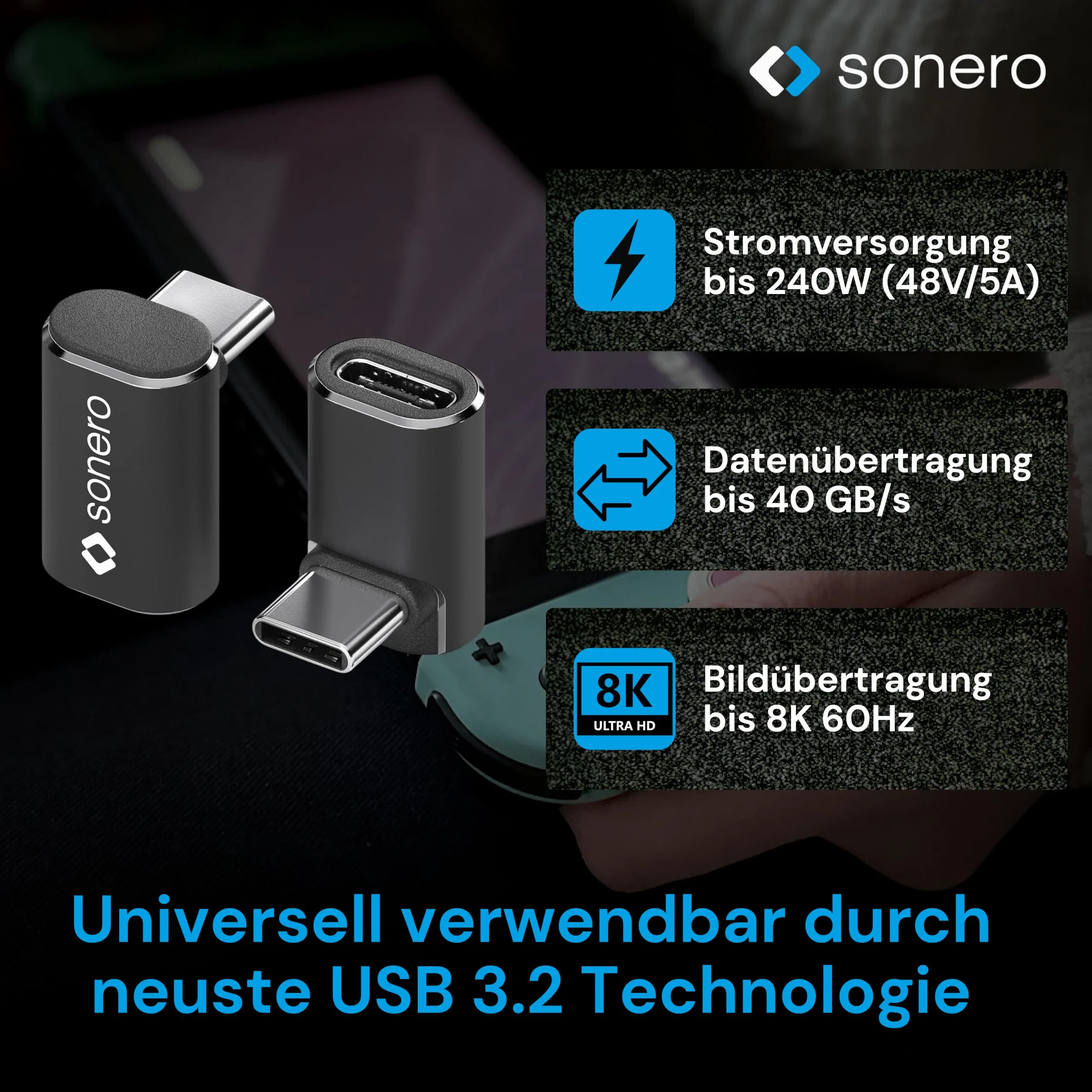 Sonero Wtyczka USB-C do gniazda USB-C kątowego 90° (1 sztuka), adapter, adapter USB-C 40 Gbps, 240 W, 8K60Hz, aluminiowa obudowa, czarna