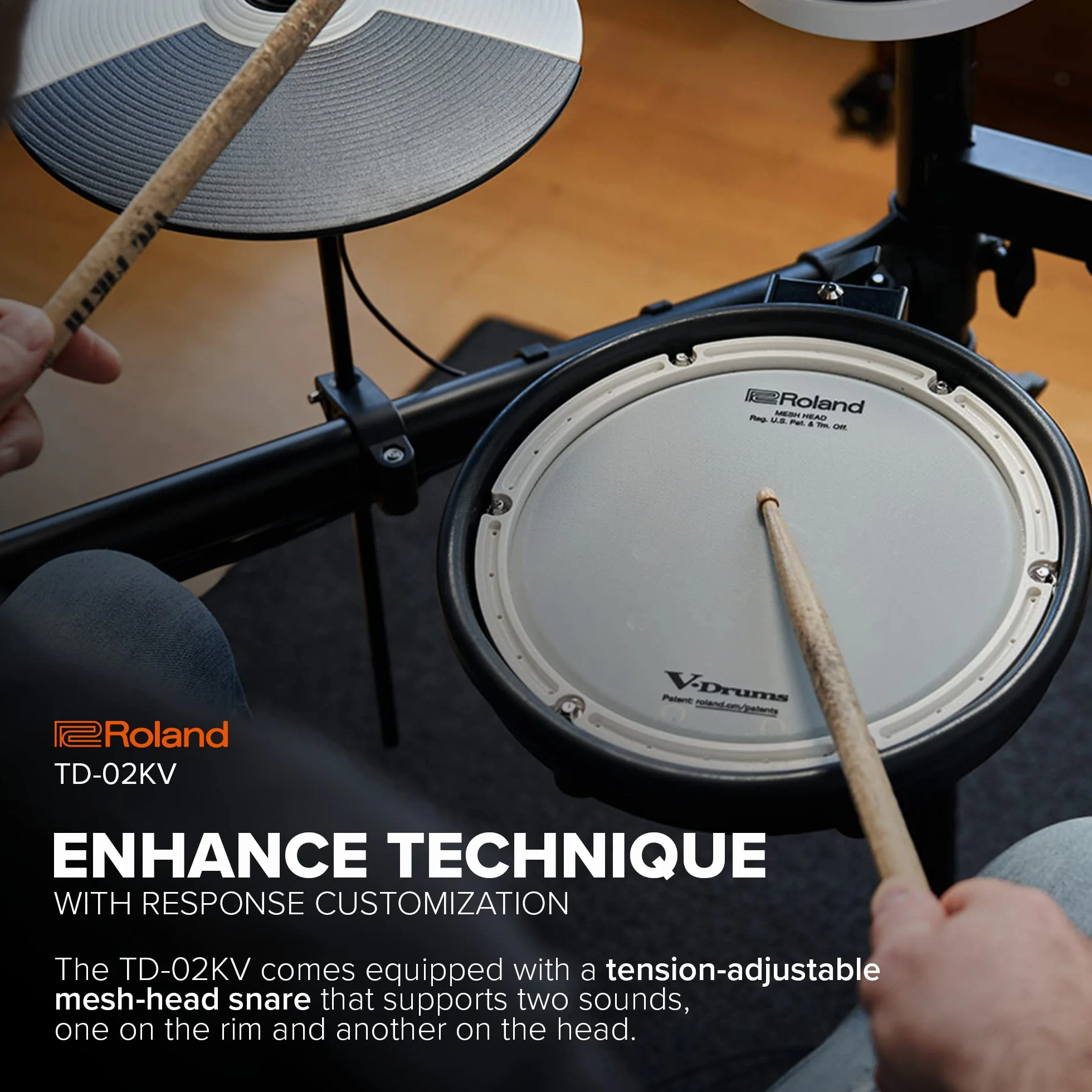 Roland TD-02KV V-Drums - Zestaw Perkusyjny z Ekspresyjną Grywalnością, Właściwościami Redukującymi Hałas, Werblem z naciągiem siateczkowym, Szeroki Układ do Gry w Stylu Akustycznym