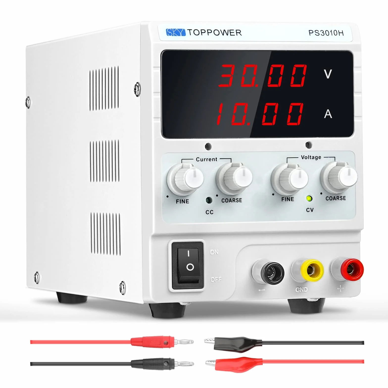 Zasilacz laboratoryjny (0-30 V, 0-10 A), zasilacz laboratoryjny DC z 4-cyfrowym wyświetlaczem LED do testów elektroniki, napraw i badań SKY TOPPOWER PS3010H