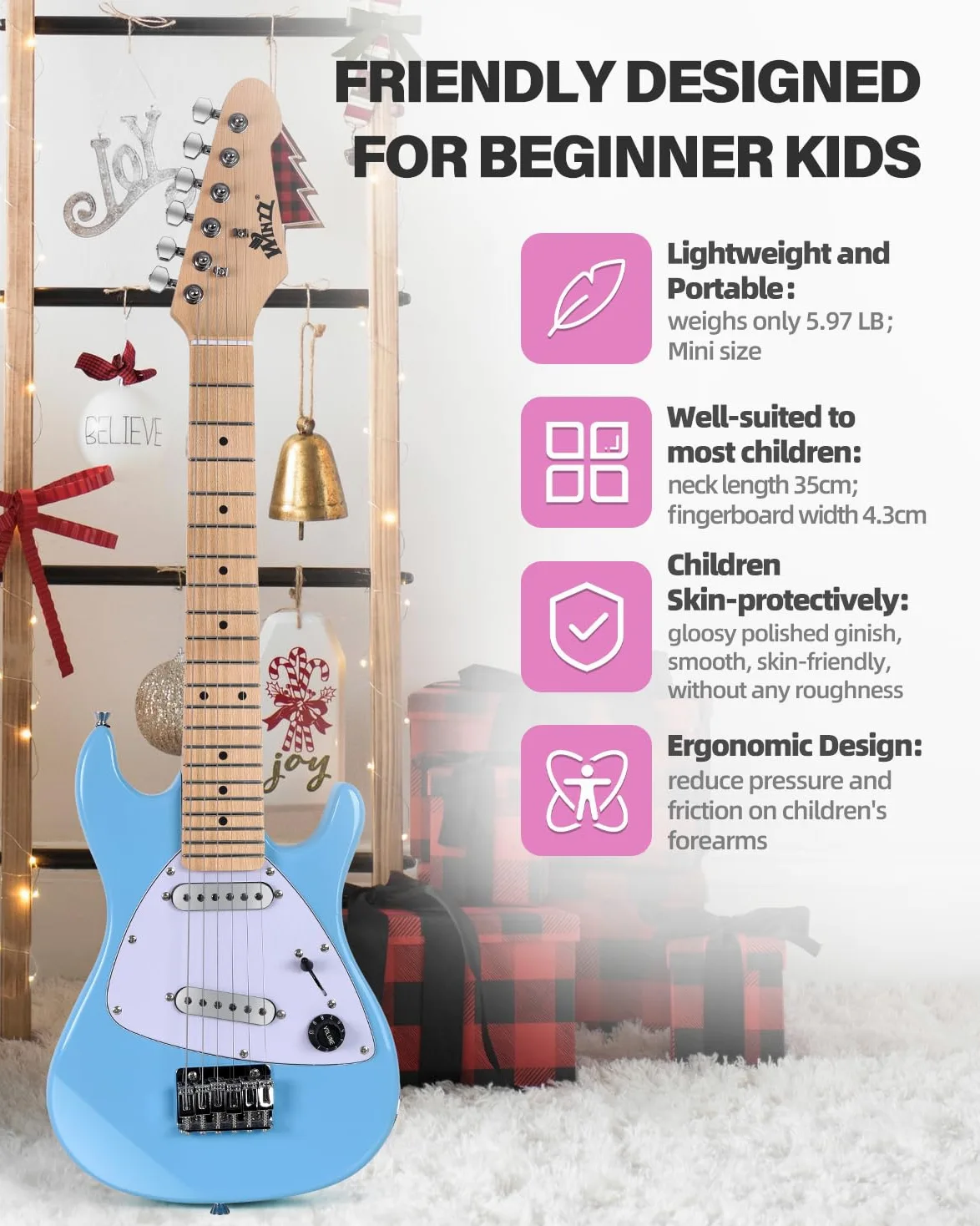 Winzz Zestaw dla początkujących, gitara elektryczna dla dzieci, rozmiar 1/4, mini gitara elektryczna dla dzieci, kompletny zestaw ze wzmacniaczem, błyszczący niebieski kolor