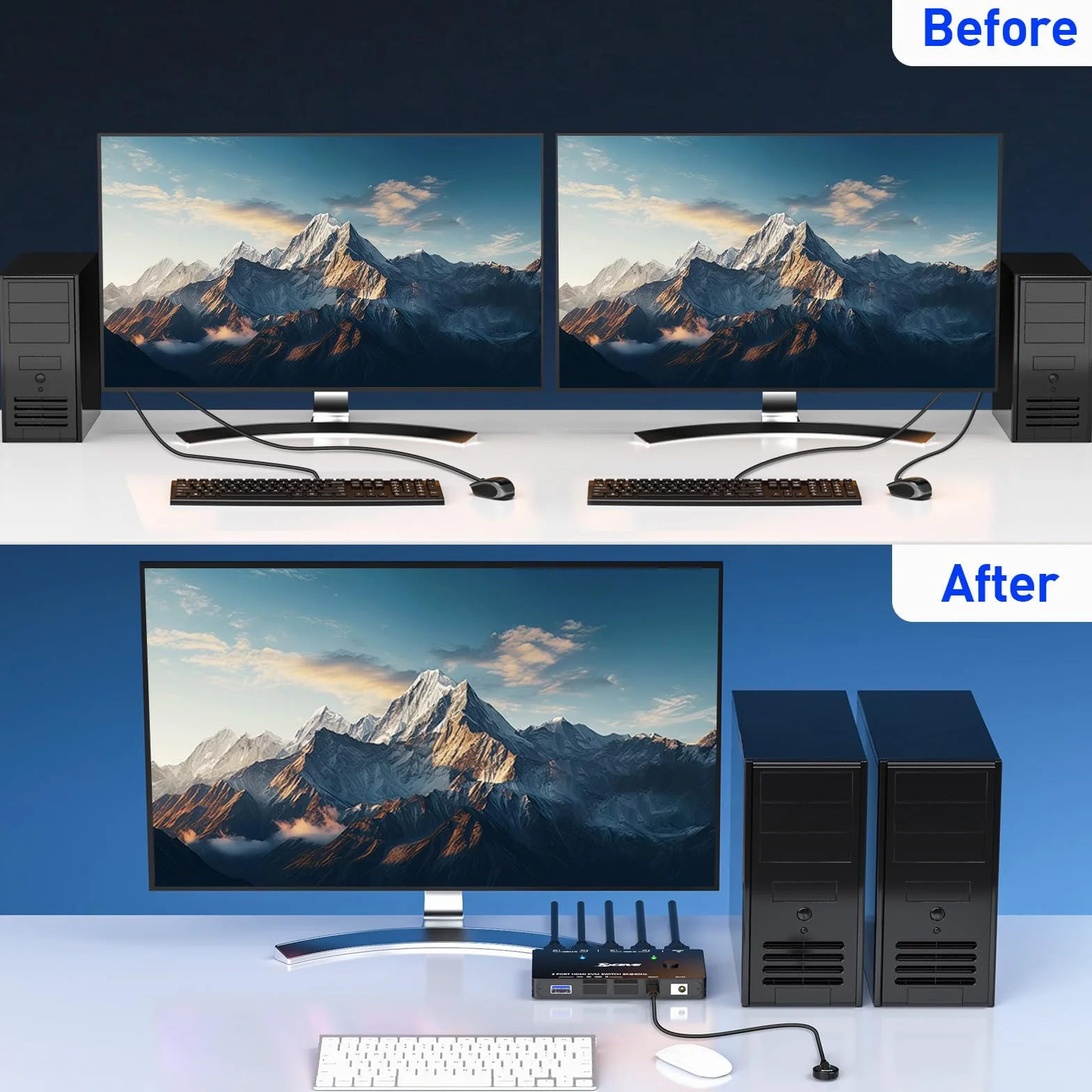 Przełącznik KVM 8K@60Hz 4K@120Hz, ESKEVE HDMI KVM Switch dla 2 komputerów dzielących 1 monitor i 3 urządzenia USB3.0, przewodowy pilot zdalnego sterowania i kabel USB w zestawie