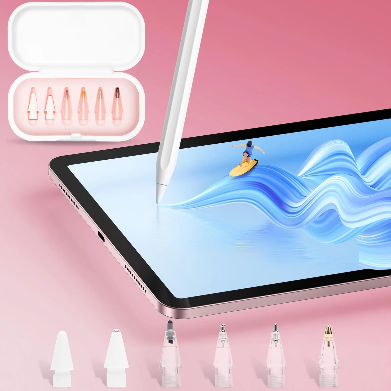 Zestaw 6 wymiennych końcówek kompatybilnych z Apple Pencil 1./2. generacji i USB-C – wymienne końcówki do pisania, rysowania i notatek na tabletach, nadają się do gołych ekranów