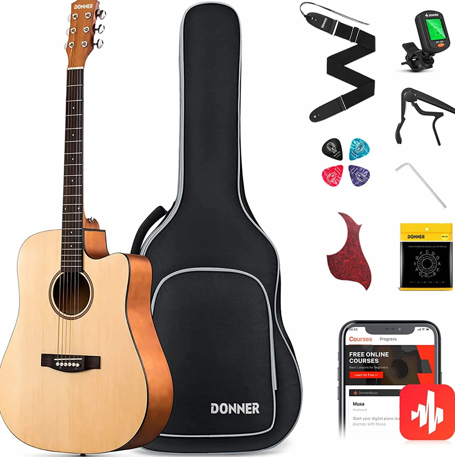 Donner Gitara akustyczna 4/4 pełny rozmiar 100 cm dreadnought zestaw z torbą capo kostki pasek