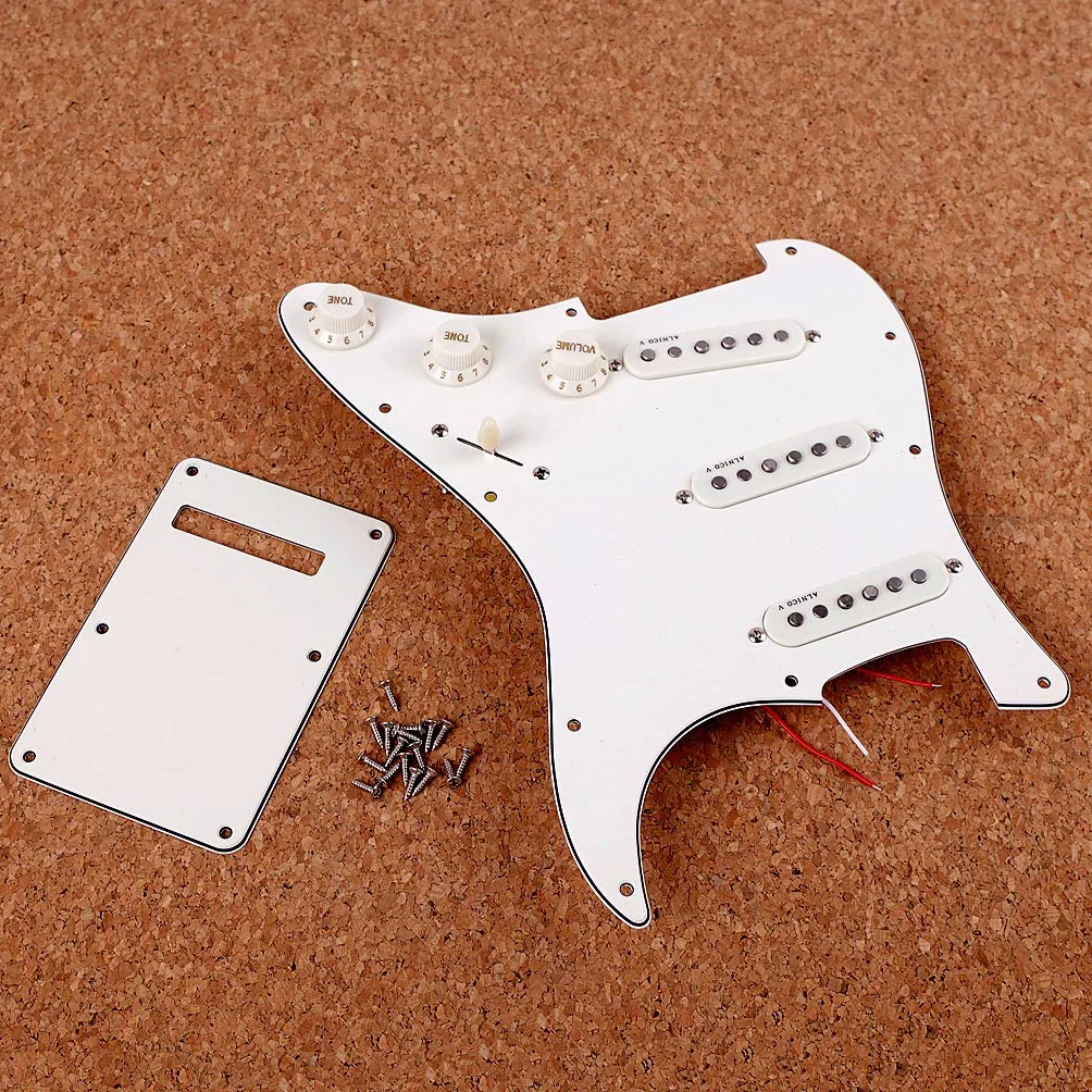 Alnicov zestaw z maskownicą do uderzania, gitarowe przetworniki z pojedynczą cewką, wstępnie okablowane SSS, tylną pokrywa, części gitarowe do Strat Stratocaster, 3-warstwowa, biała, 11 otworów
