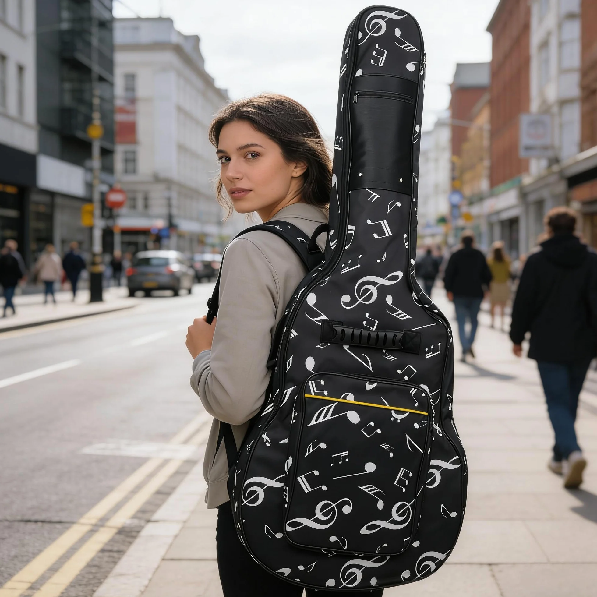 SUQ Wodoszczelna torba na gitarę Oxford, 40/41 cala, torba z wzorem muzycznym, nylonowa, torba na gitarę elektryczną, gitarę akustyczną i koncertową, odporna na uderzenia, 8 mm, wyściełana,
