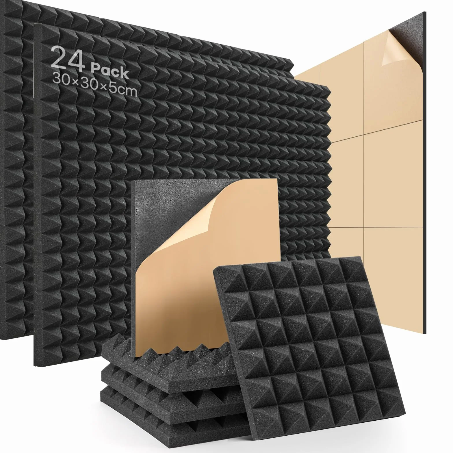 Samoprzylepne akustycznej Panele 24 sztuk Pianka akustyczna 30 x 30 x 2,5 cm Panele akustyczne do podcastów, studiów nagraniowych, biur