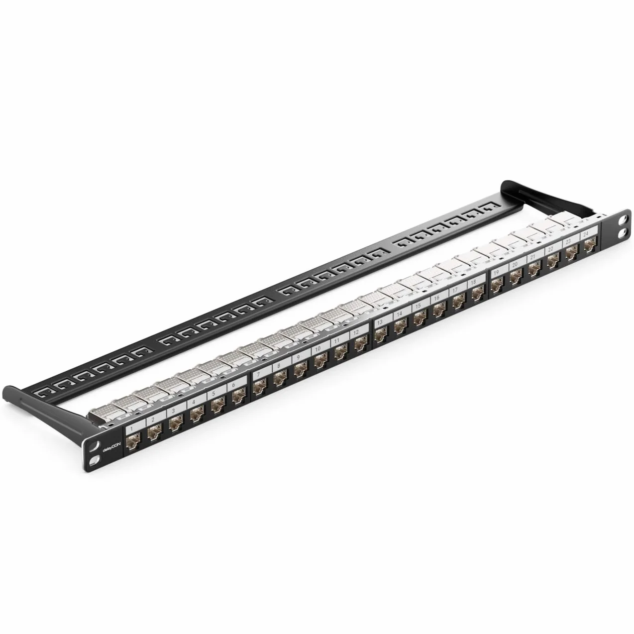 deleyCON Panel Krosowniczy 24-Portowy Zestaw Patchfeld Modułowy 0,5 HE 19 Cali Wbudowany w Stojak + 24x RJ45 Keystone Module CAT6a Kompatybilny z Siecią CAT5 CAT6 CAT7 CAT8 LAN