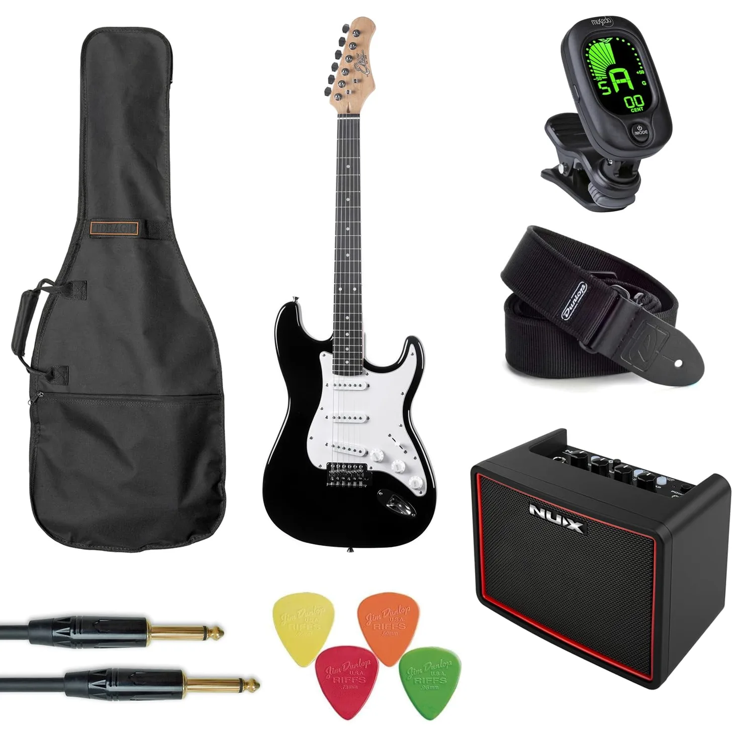 Eko Guitars GEE ST100-BLK gitara elektryczna, czarna, kompletny zestaw ze wzmacniaczem i akcesoriami