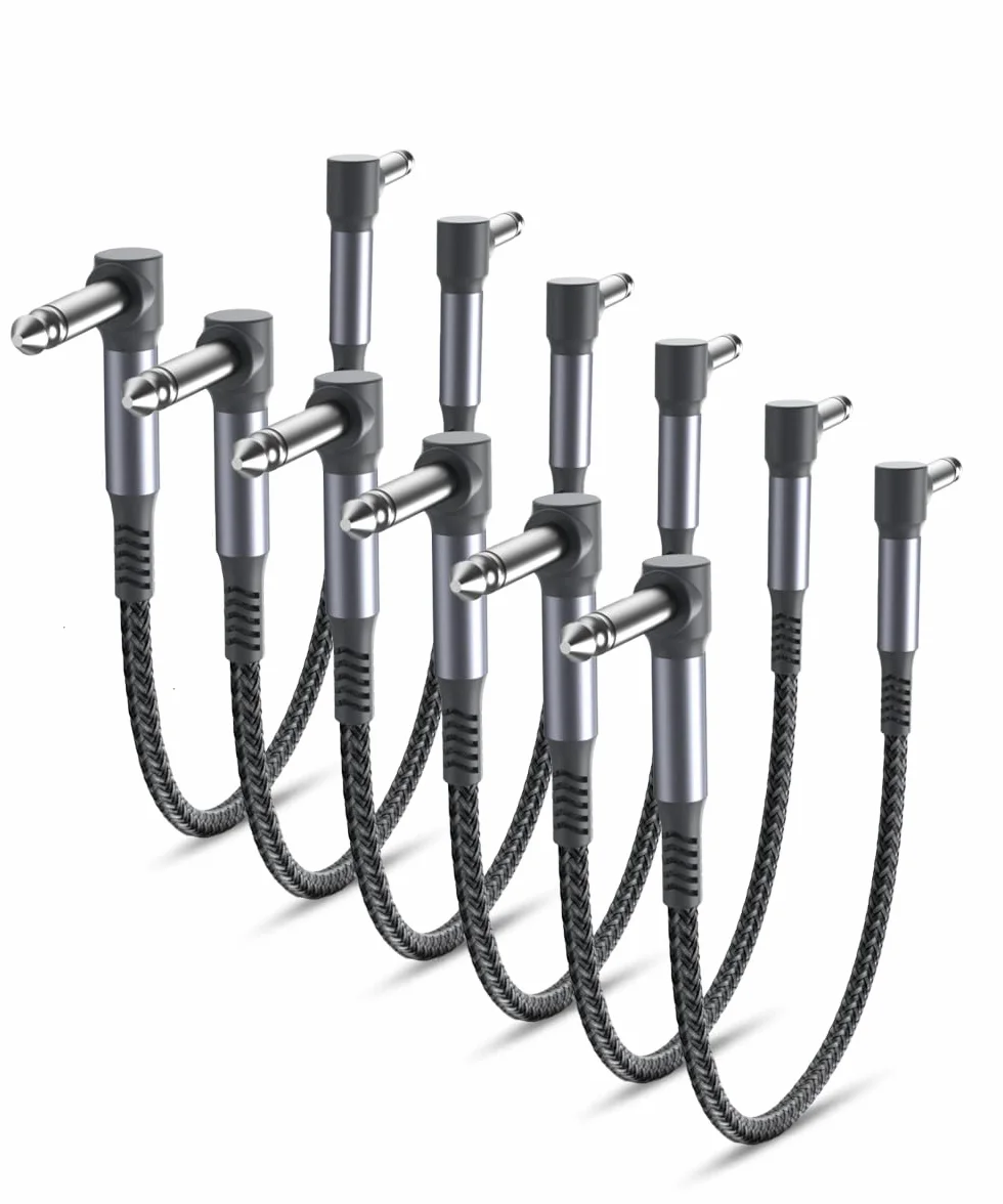 Elebase Zestaw kabli gitarowych, 6 sztuki, 0,15 m, 6,35 mm, wtyk 1/4 cala, kabel do instrumentów, pedalboardów, nylonowy oplot, kabel audio z ekranowaniem, miedź TS, do efektów gitarowych