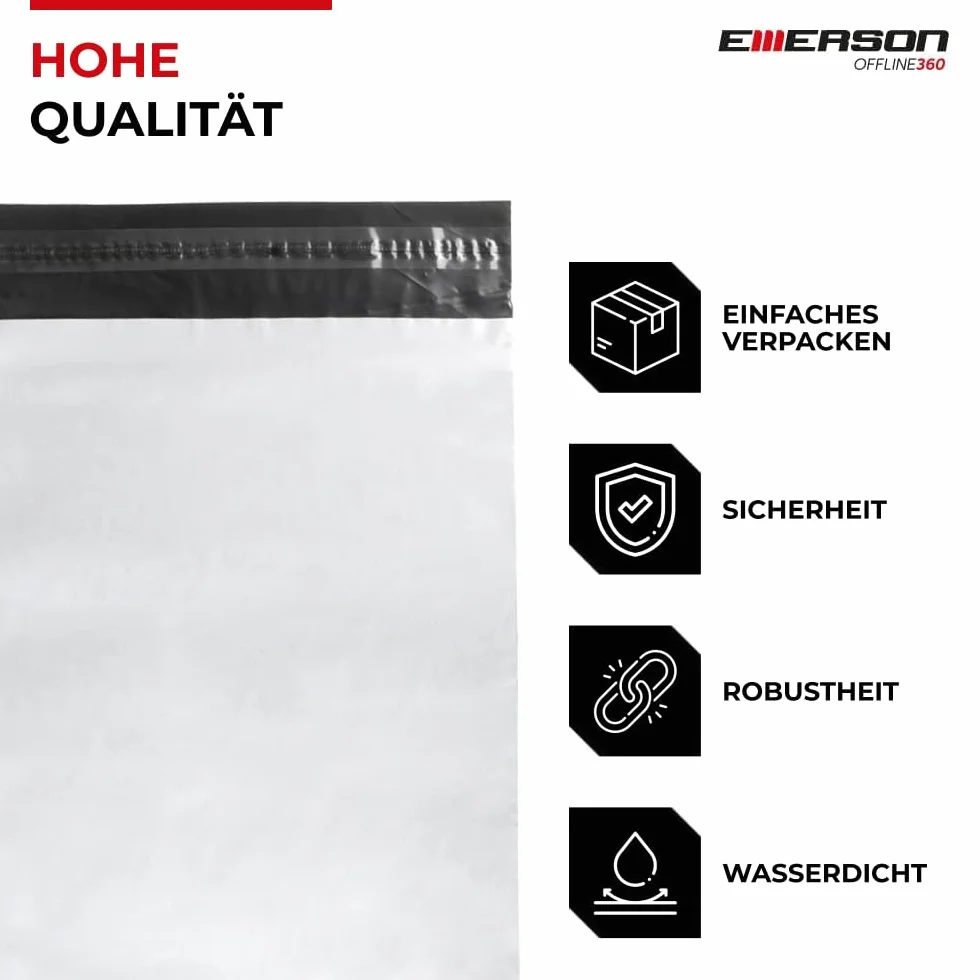 Emerson 50 sztuk plastikowych torebek wysyłkowych 40 x 50 cm | torba wysyłkowa z zamknięciem samoprzylepnym | białe nieprzezroczyste | torebki wysyłkowe na ubrania, artykuły | worki do pakowania