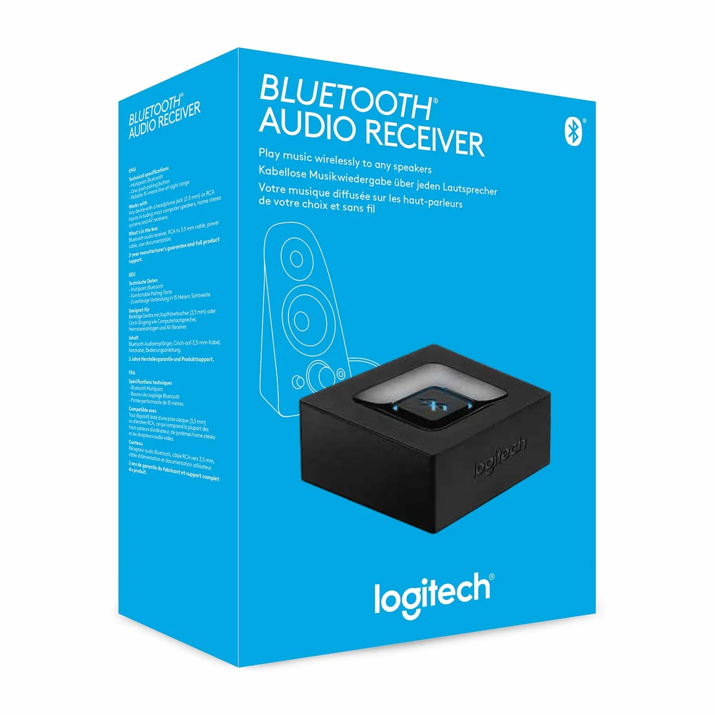 Logitech Bezprzewodowy odbiornik audio Bluetooth, wielopunktowy Bluetooth, wejście 3,5mm i RCA, przycisk parowania, zasięg 15m, wtyczka EU, PC/Mac/tablet/telefon komórkowy/odbiornik TV - Czarny