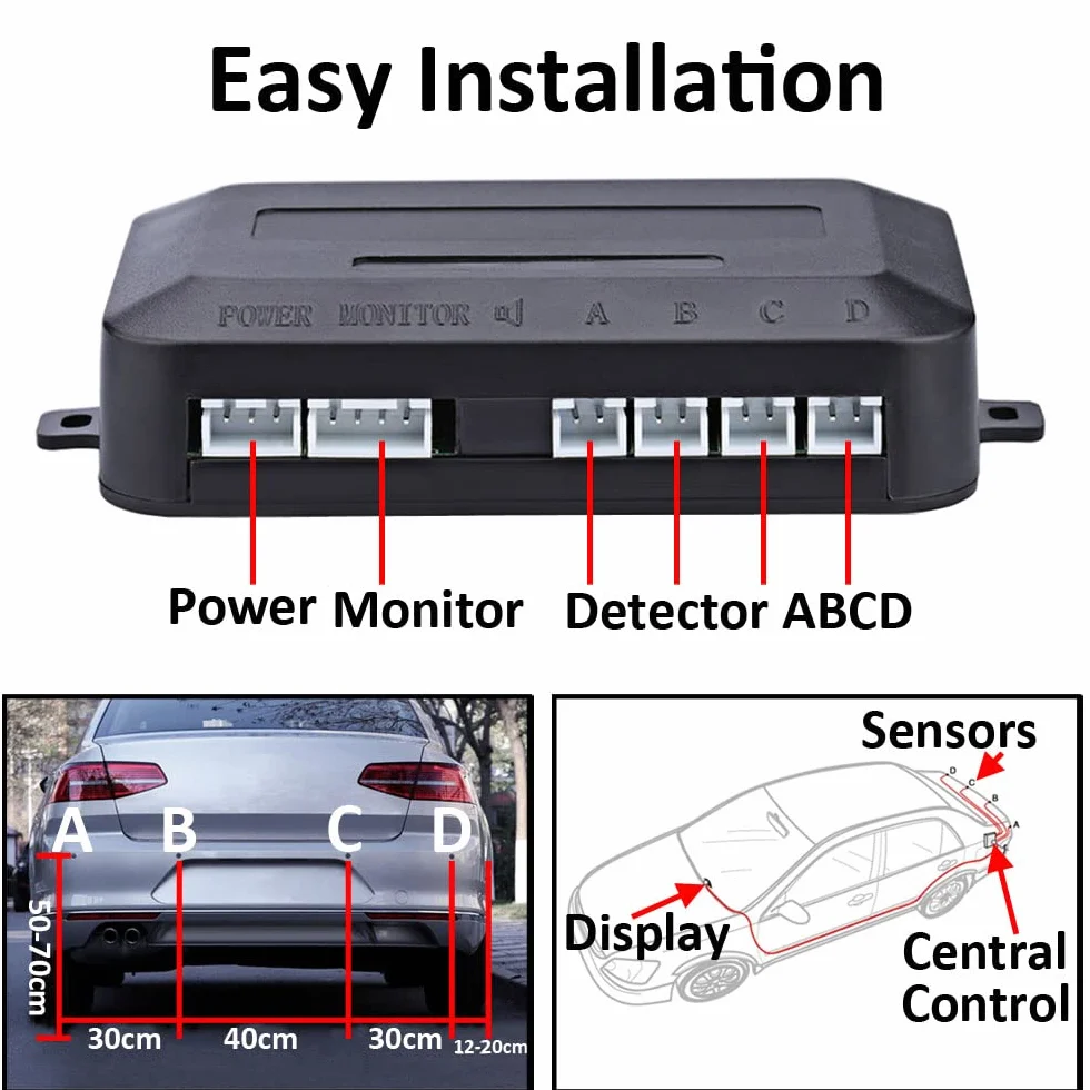 Pomoc przy parkowaniu samochodowym, 4 czujniki tylne, pomoc w cofaniu, system parkowania, czujniki parkowania, pomoc w parkowaniu wstecznym, 12 V, wyświetlacz LCD, brzęczyk, ostrzeżenie, kolor