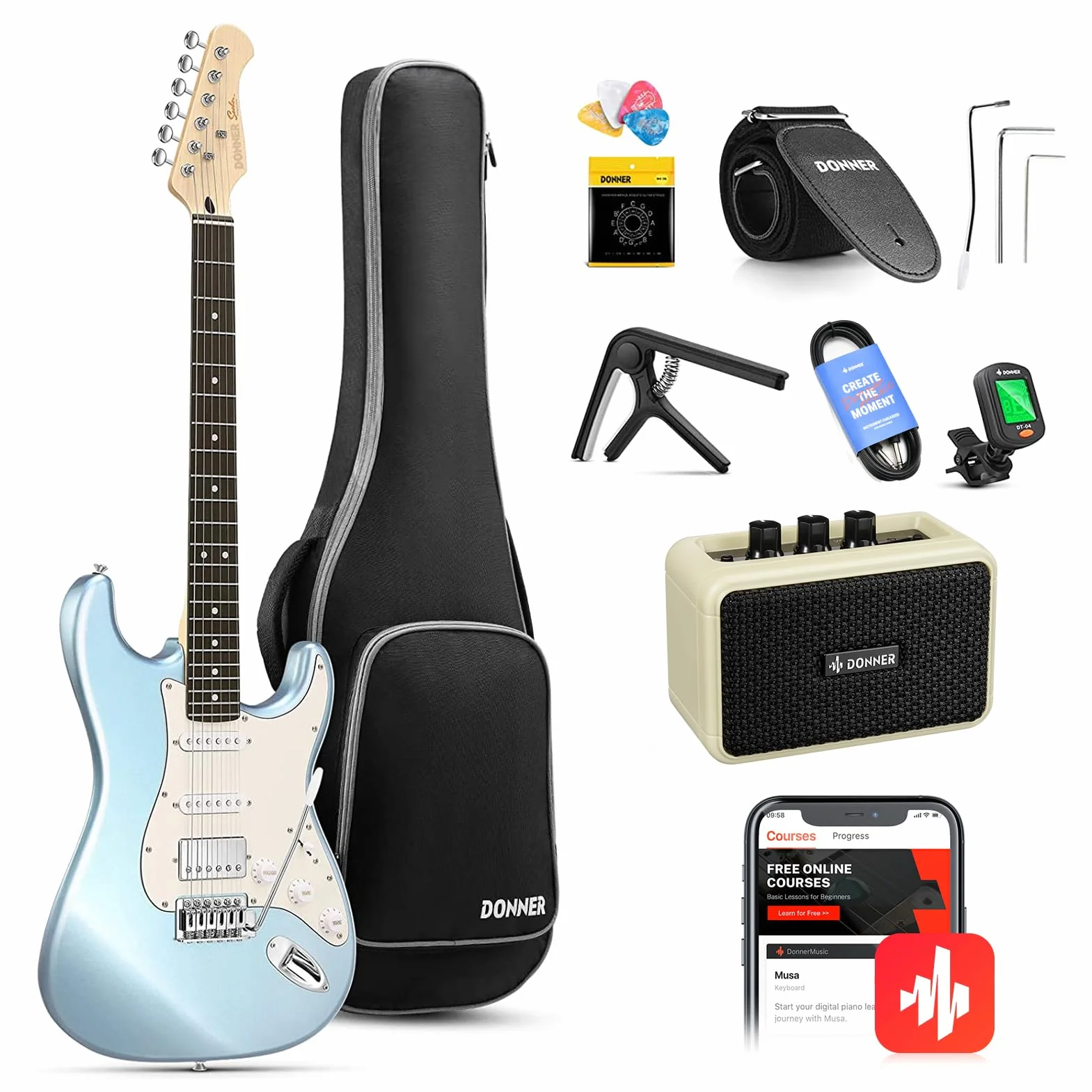 Donner Gitara elektryczna, 99 cm, zestaw, HSS, rozdzielacz cewki, DST-152R, dla początkujących, ze wzmacniaczem, torbą, kapo, paskiem, struną, strojnikiem, kablem, kostkami, metaliczna niebieska