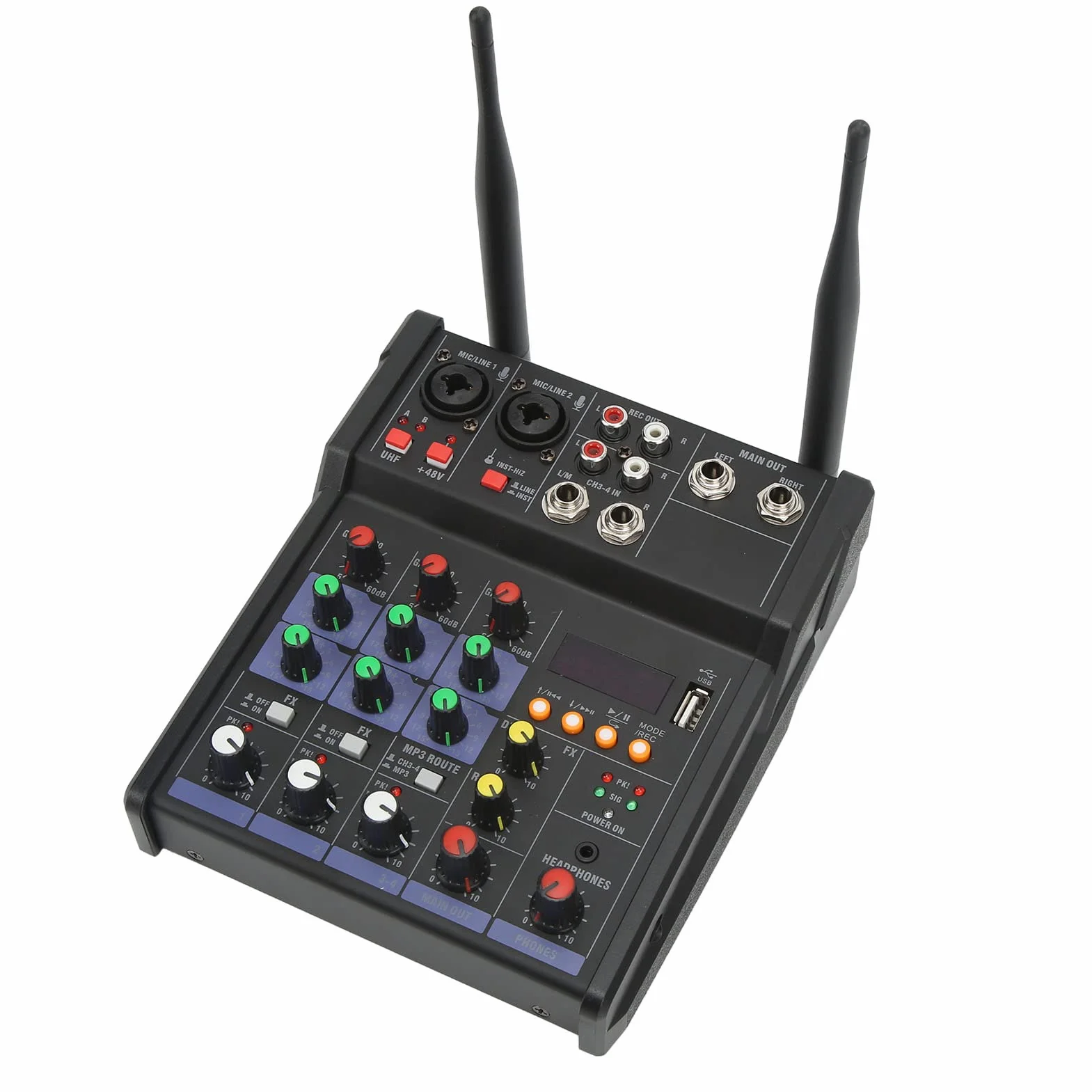 Mały mikser stereo Bluetooth z 2 mikrofonami bezprzewodowymi, 4-kanałowy mikser audio, rodzinny procesor stereo, mikser DJ do transmisji na żywo