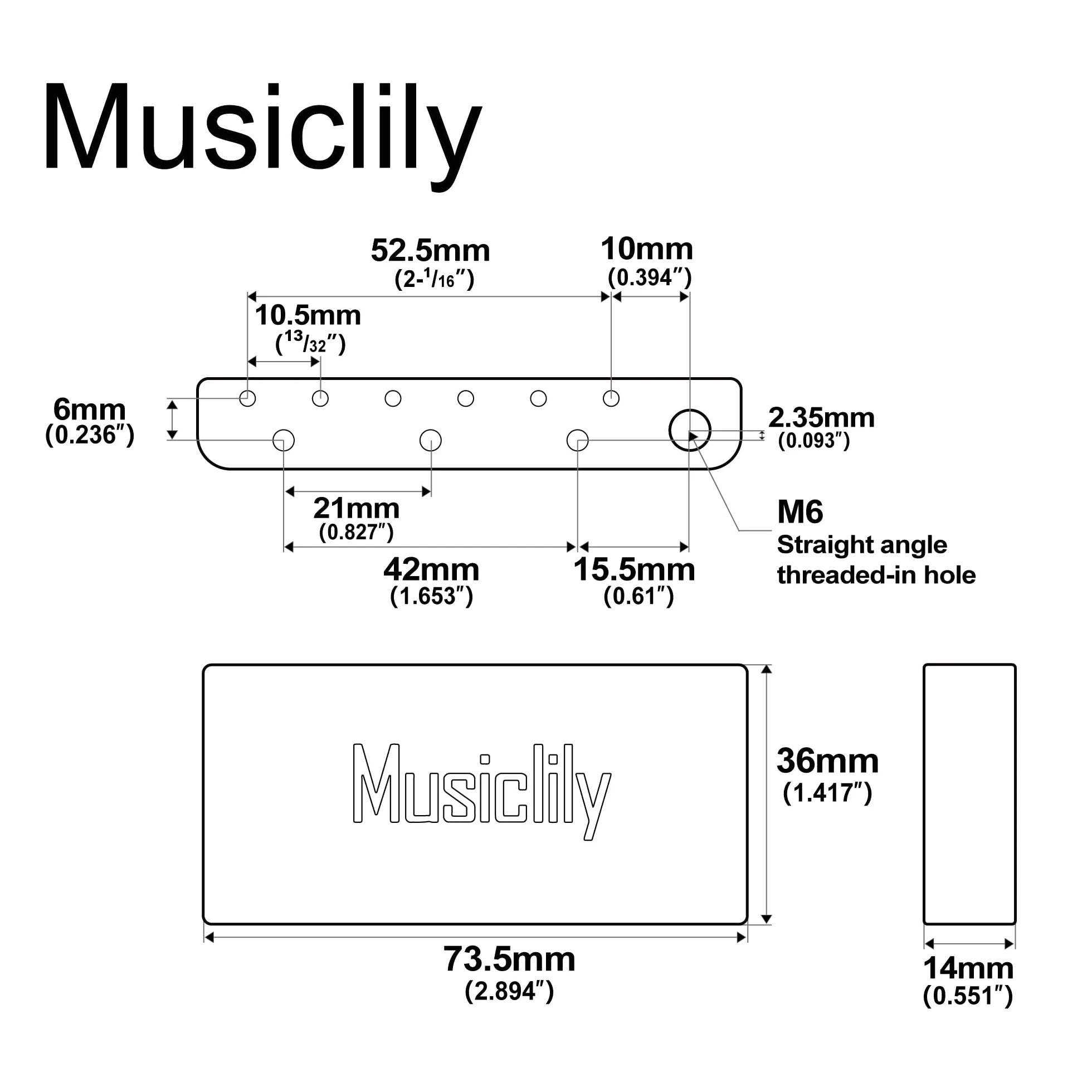 Musiclily Ultra 36mm Mosiężny Krótki Blok Tremolo Rozstaw Strun 52,5 mm do Mostek Gitary Elektrycznej Indonesia Squier Affinity i Bullet Serii