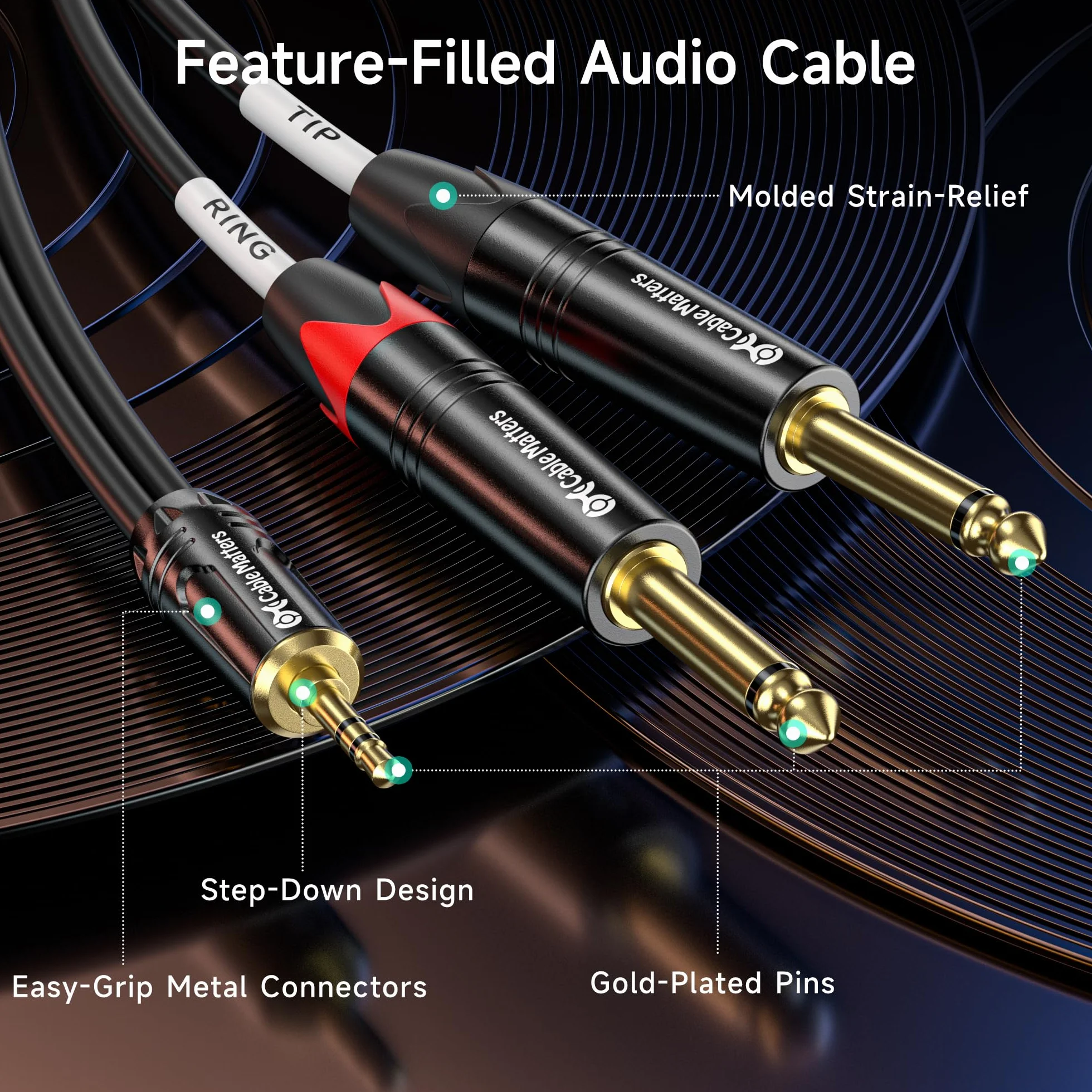 Cable Matters Kabel mini jack do podwójnego gniazda 1,8 m, 3,5 mm do 6,35 mm, 3,5 mm TRS na podwójny kabel TS 6,35 mm, mini jack do gniazda 1/10.2 cm, gniazdo stereo do 2 gniazd mono