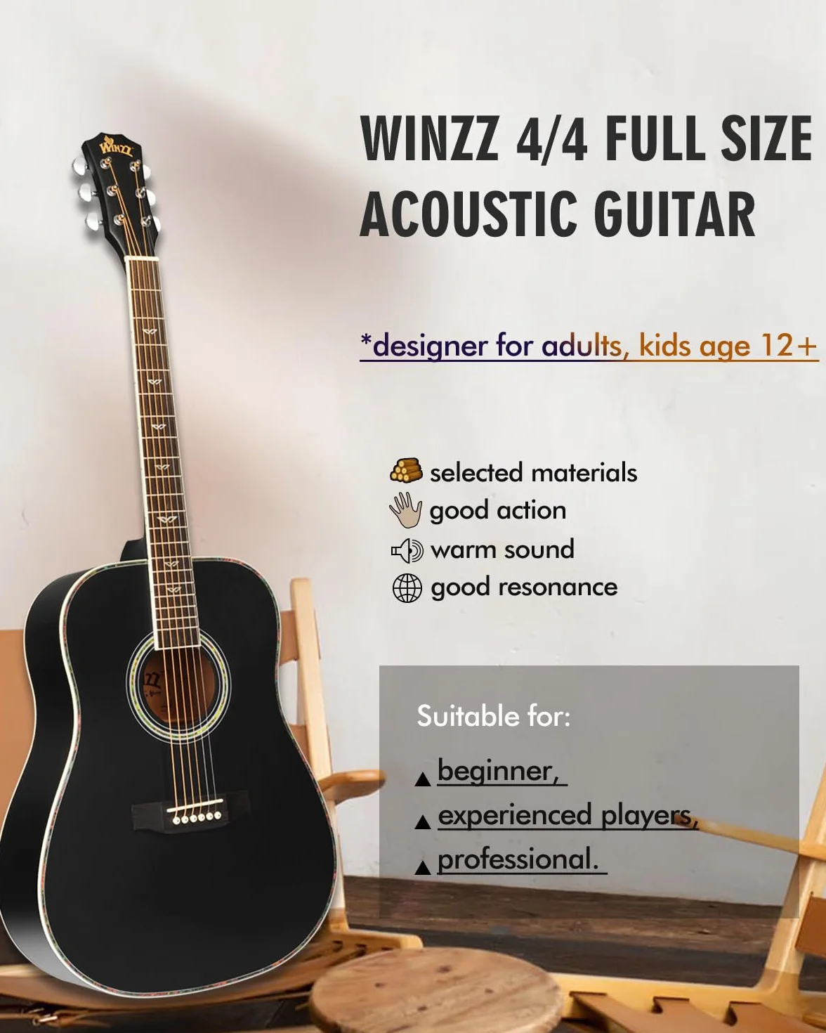 Winzz Czarna gitara akustyczna 4/4, dla początkujących, 41 cali z walizką gitarową, strojem, paskiem, kostkami, dodatkową struną i stojakiem na gitarę