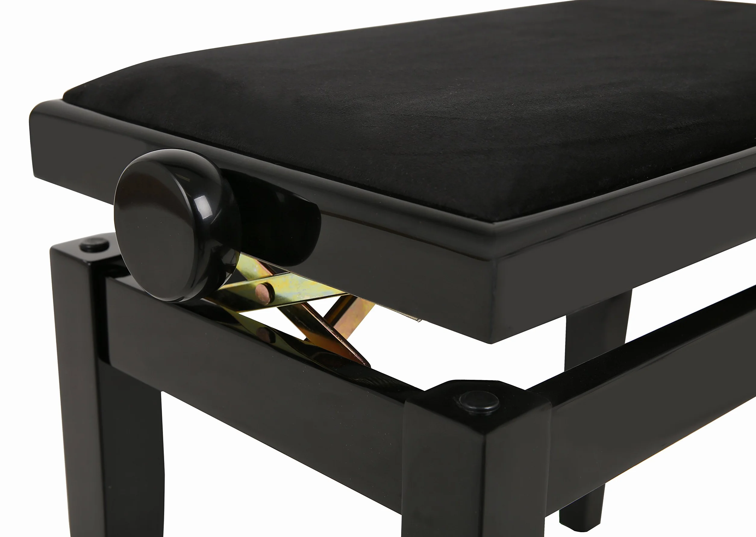 ławka do pianina Elegance czarna na wysoki połysk - Lite drewno - Regulacja wysokości za pomocą mechanizmu nożycowego - Czarna aksamitna tapicerka siedziska