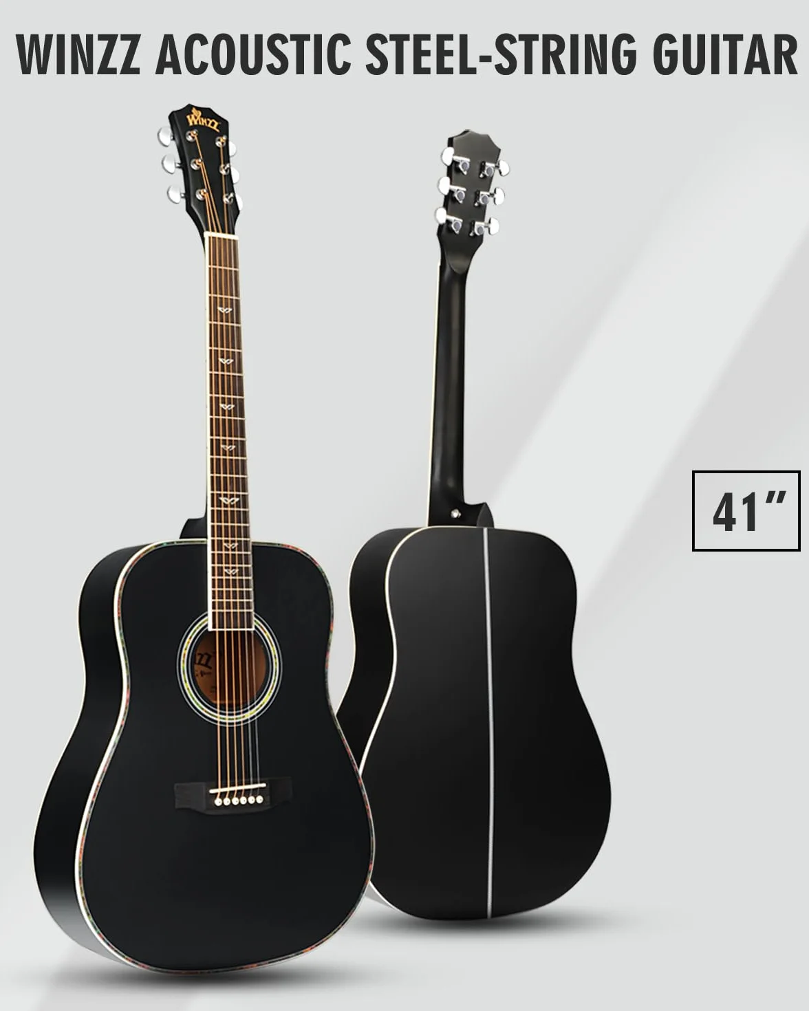 Winzz Czarna gitara akustyczna 4/4, dla początkujących, 41 cali z walizką gitarową, strojem, paskiem, kostkami, dodatkową struną i stojakiem na gitarę