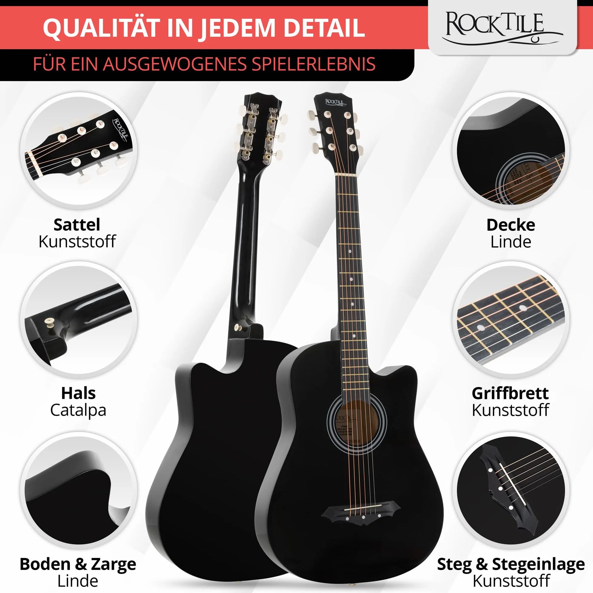 Rocktile WSD-5C-BK Slim Line zestaw gitar westernowych, gitara akustyczna Dreadnought - gitara westernowa z korpusem z lipy - szyja: Catalpa - zestaw z torbą, strunami zapasowymi, paskiem i kostkami