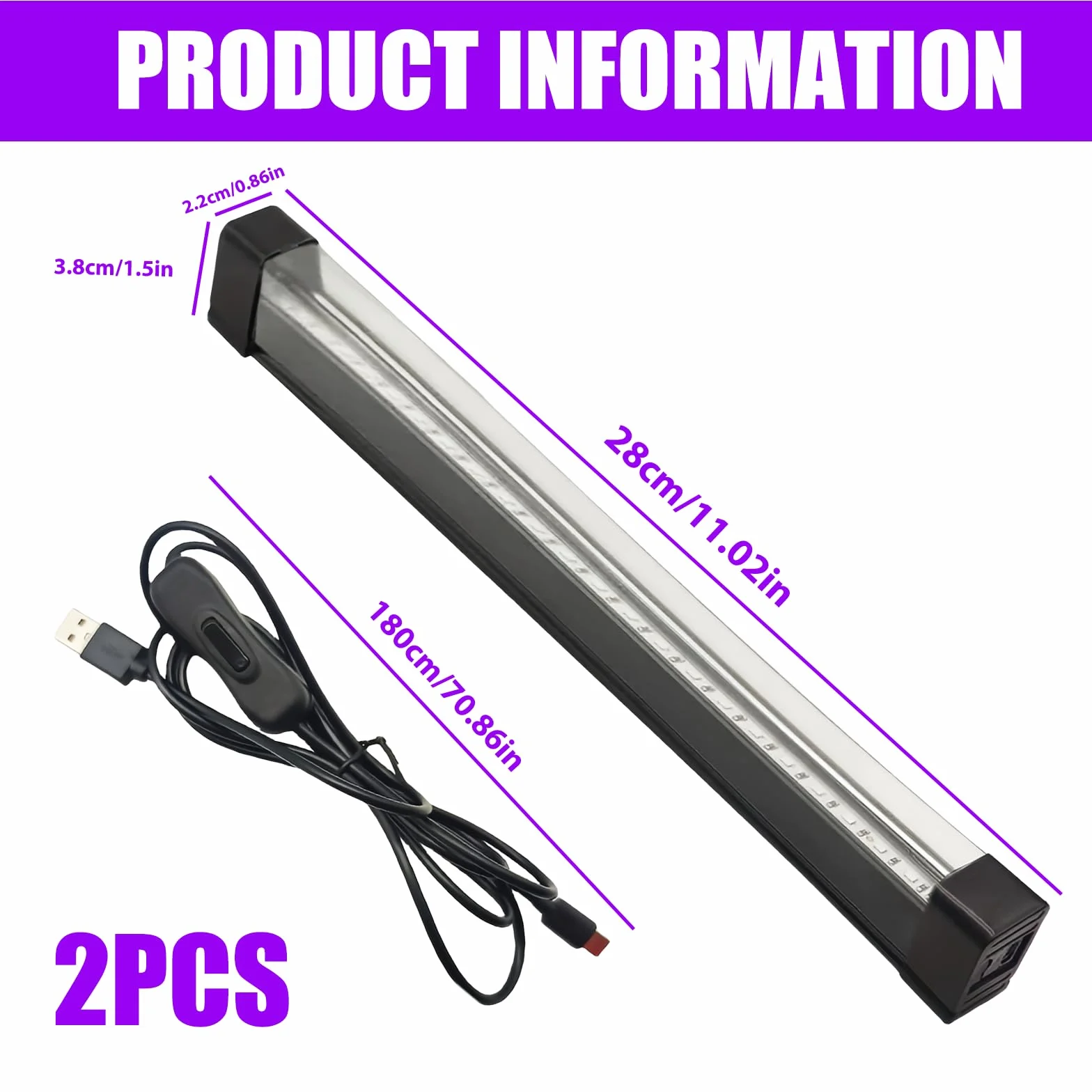 2 sztuki czarnych lamp: 8 W UV LED czarne światło z przełącznikiem i wtyczką USB, Black Light Bar na dyskotekę, imprezę, Halloween, oświetlenie sceniczne