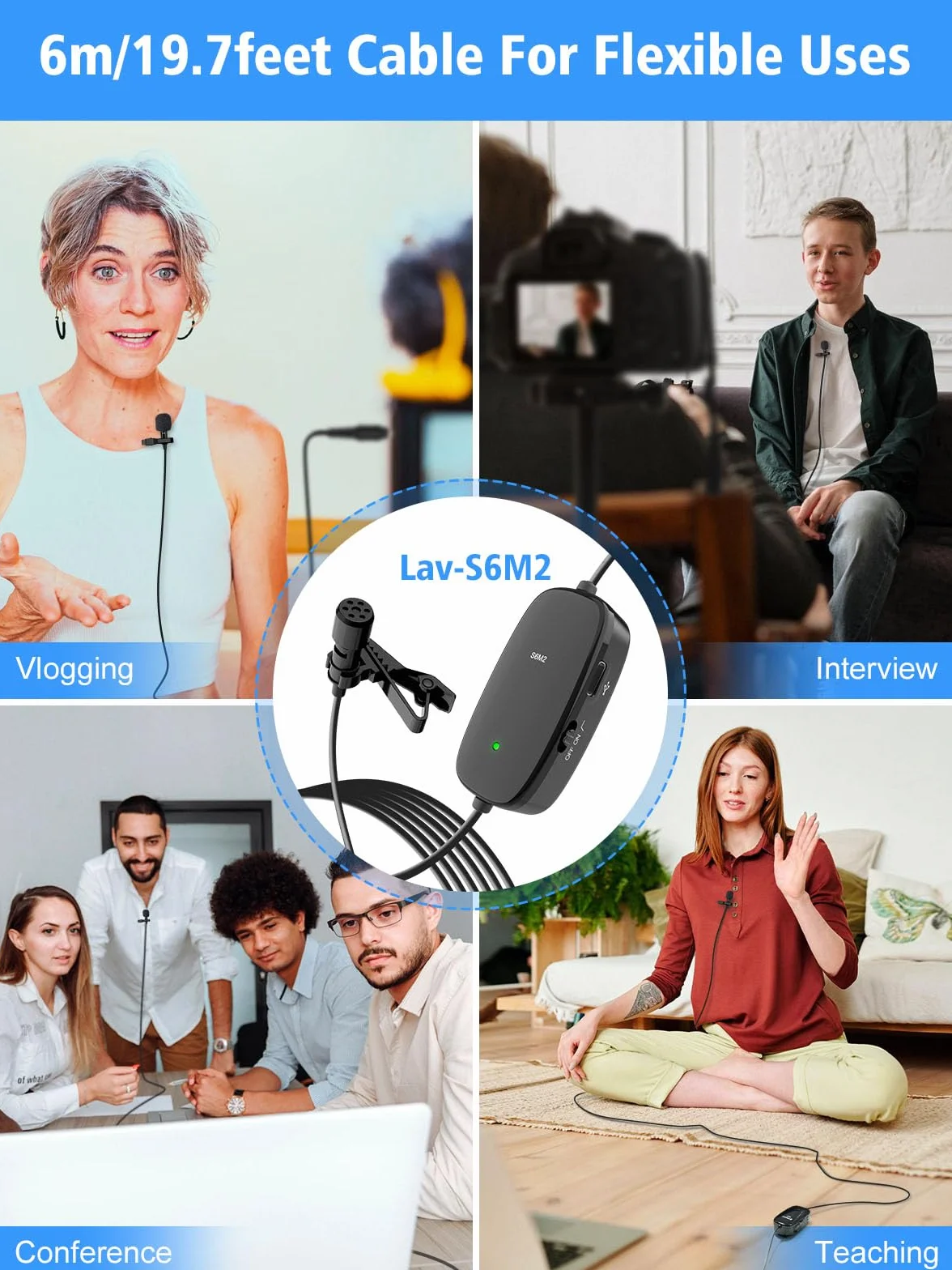 Moman S6M2 6 mikrofon wtykany do smartfona, mini mikrofon lavalier 3,5 mm-6,3 mm TRRS-TRS z monitorowaniem audio, Low-Cut Gain Control do aparatu, tabletu, laptopa, PC