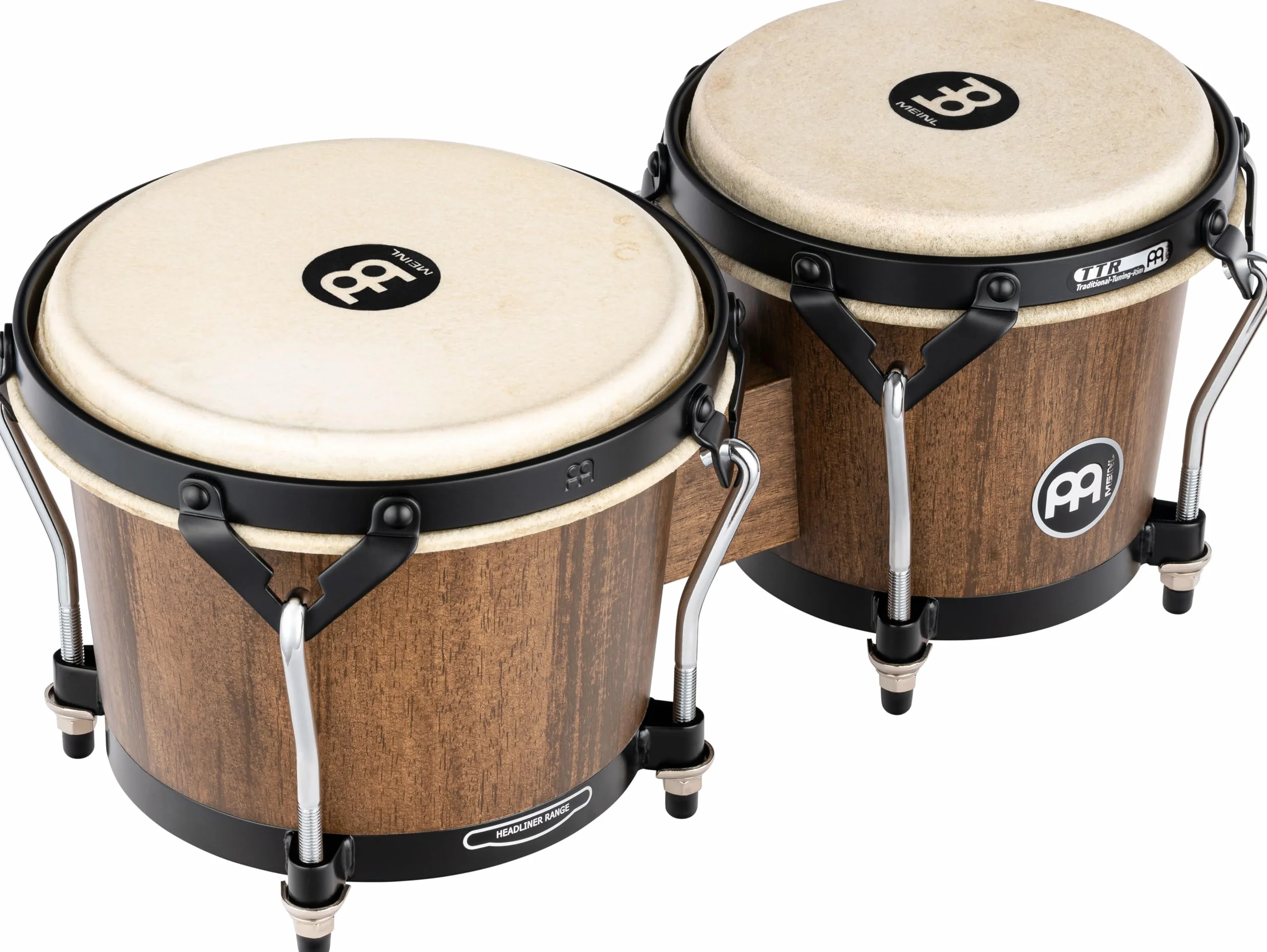 Meinl Percussion Bongos Headliner Wood – 2 Bongosy 6,75 i 8 cali – W Zestawie Klucz do Strojenia – Siam Oak, Kolor Brązowy (HTB100WB-M)