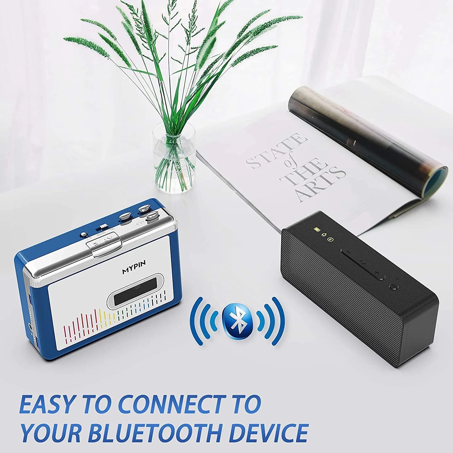 MYPIN Odtwarzacz kasetowy Bluetooth z zestawem słuchawkowym, napęd wyjściowy Bluetooth z zestawem słuchawkowym/głośnikiem, przenośny odtwarzacz kasetowy, 2 baterie AA lub zasilanie USB, złącze