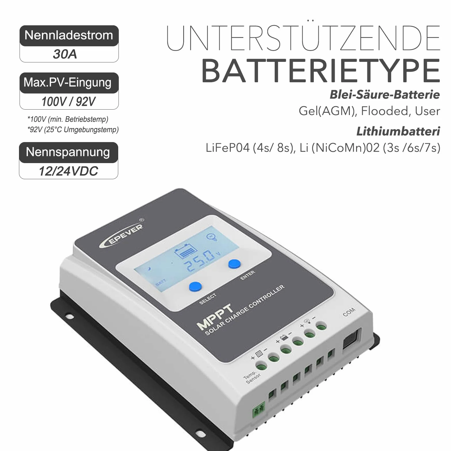 EPEVER® MPPT Tracer-AN G3 – Tracer3210AN G3 Regulator Ładowania, 30A, 12/24VDC auto work, PV 100V, Wyświetlacz LCD, Wspólne uziemienie ujemne