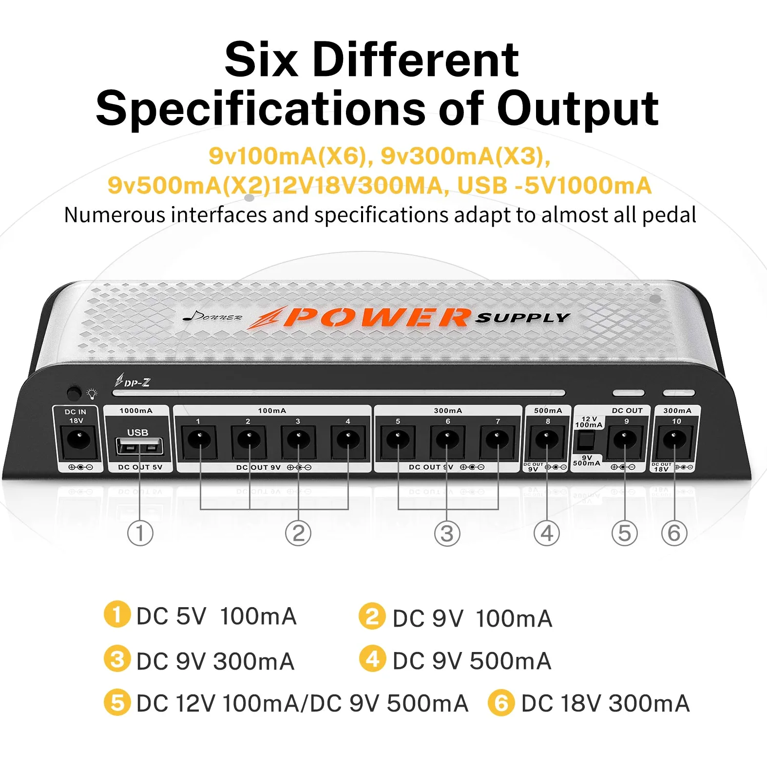 Donner DP-Z 9 V pedał gitarowy zasilacz 10 izolowanych wyjść DC ze złączem USB do 9 V/12 V/18 V pedał efektów DC 18 V wejście 2000 m