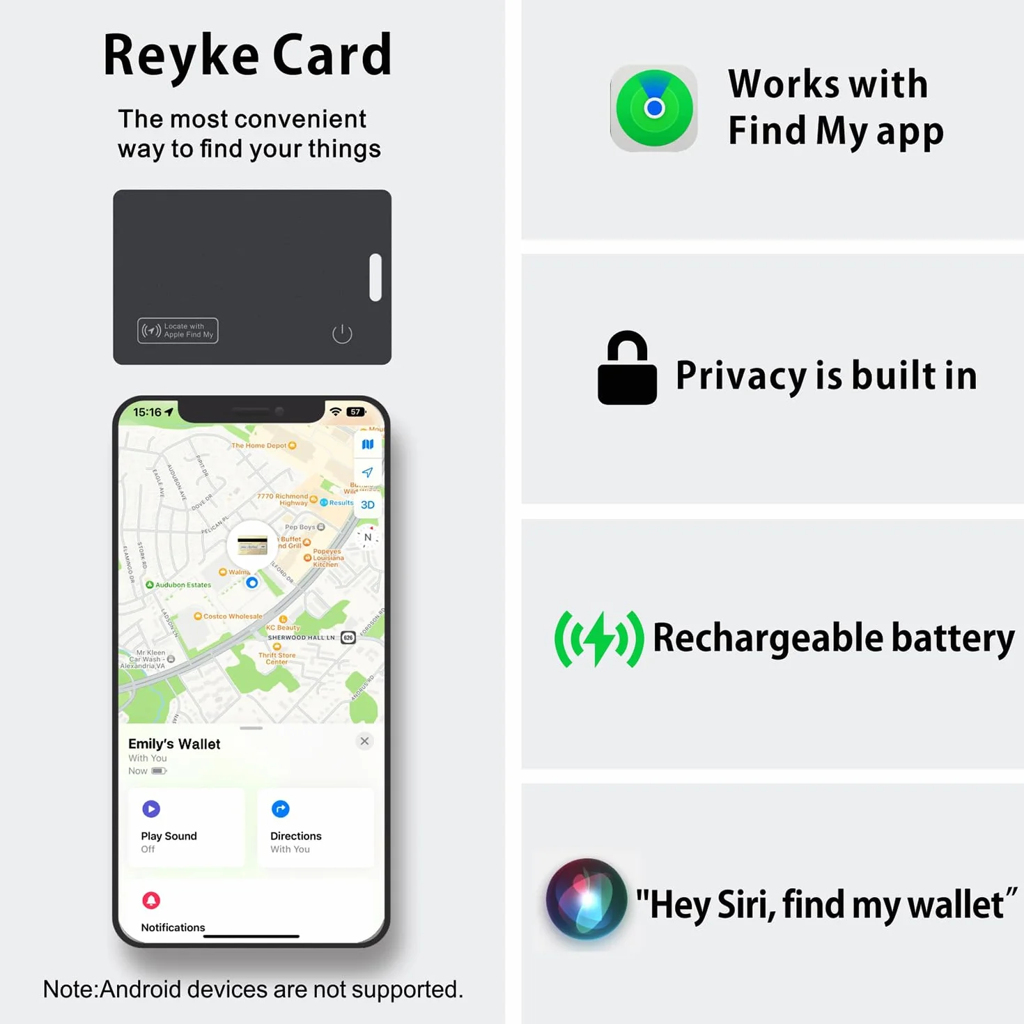 Reyke Slim Wallet Tracker Card, Ładowalny Lokalizator Bluetooth Kompatybilny z Apple Find My (tylko iOS), Smukła Karta Lokalizacyjna do Portfeli, Bagażu, Telefonów, Paszportów