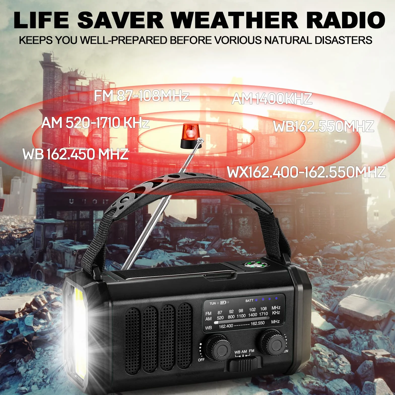 Awaryjne radio pogodowe 10 000 mAh, przenośne radio survivalowe FM/AM/NOAA zasilane bateryjnie i power bank, ładowarka solarna/korba/typ C, latarka, lampka do czytania, kompas,