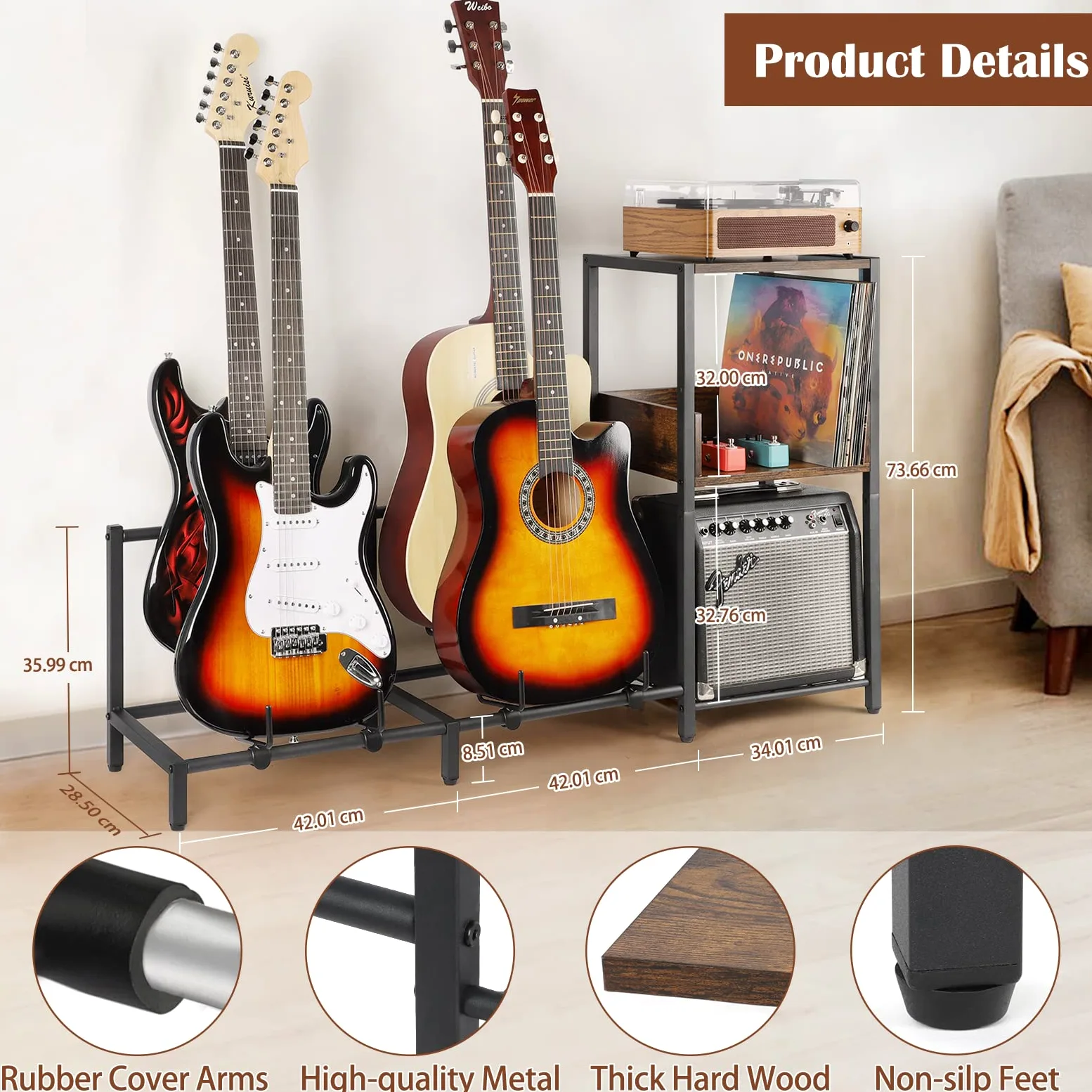 Stojak na Gitarę 4-poziomowy dla Akustycznej, Elektrycznej Gitary, Basu, Gitarowego Uchwytu na Podłogę Regulowaną dla Wielu Gitar, Akcesoriów Gitarowych, Wyświetlacza Gitar