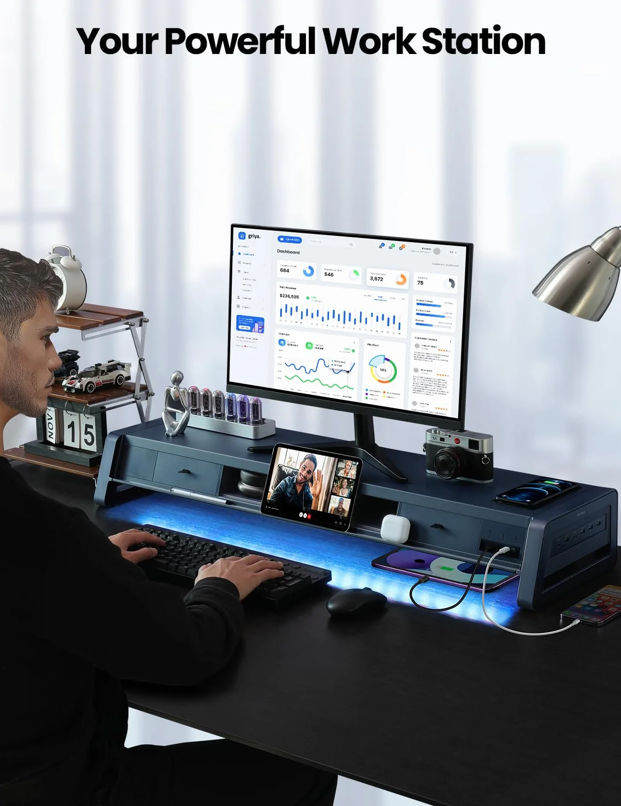VAYDEER Podpórka pod monitor z 2 monitorami [Multi-USB] [podstawka na telefon komórkowy] [szuflada] [organizer na kable] [4 tryby LED] akcesoria do biurka, do laptopa, komputera, 50 kg (biała)