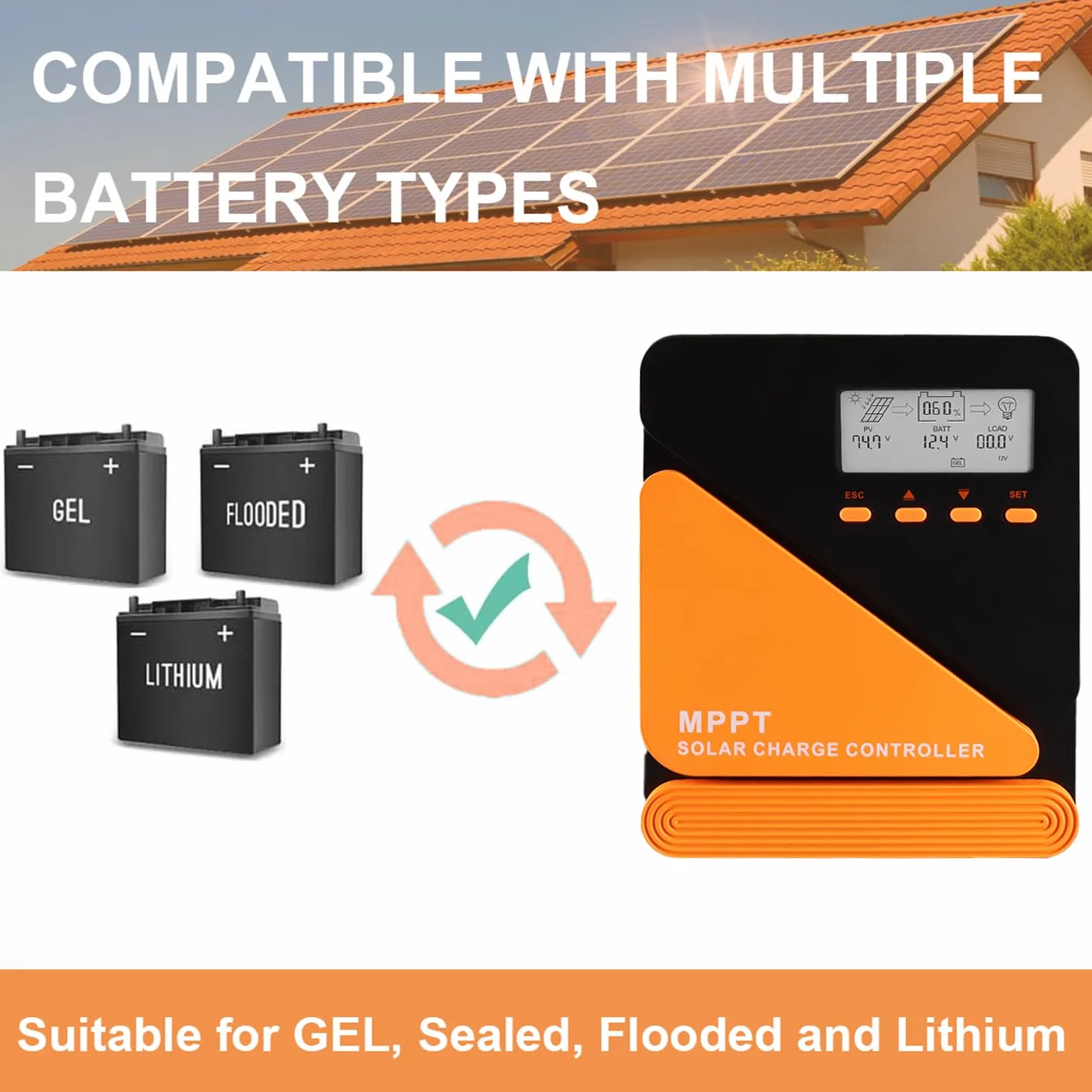 SolaMr 20A MPPT Solar Charge Controller 12/24V Automatyczny z Wyświetlaczem LCD i Podwójnym Portem USB Regulator Akumulatora Panelu Słonecznego do Akumulatorów żelowych i Litowych-GM-D20A