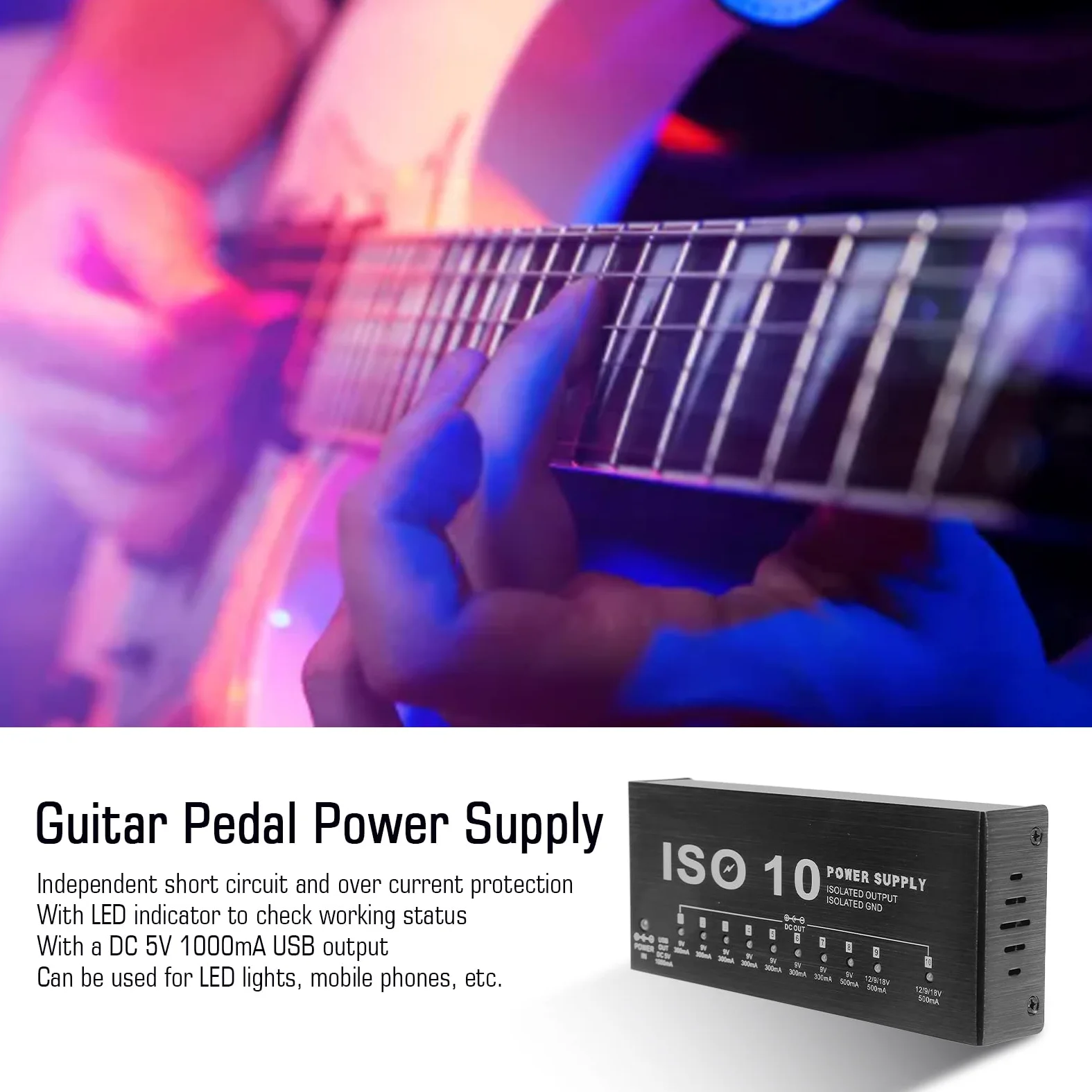 DC 12V Zasilacz do Pedału Gitarowego Metalowy Zasilacz do Pedałów 10 Izolowanych Wyjść Multiefekt Mocy z 2 Regulowanym Napięciem Kabel Przejściowy 3,5 Mm(EU Plug)