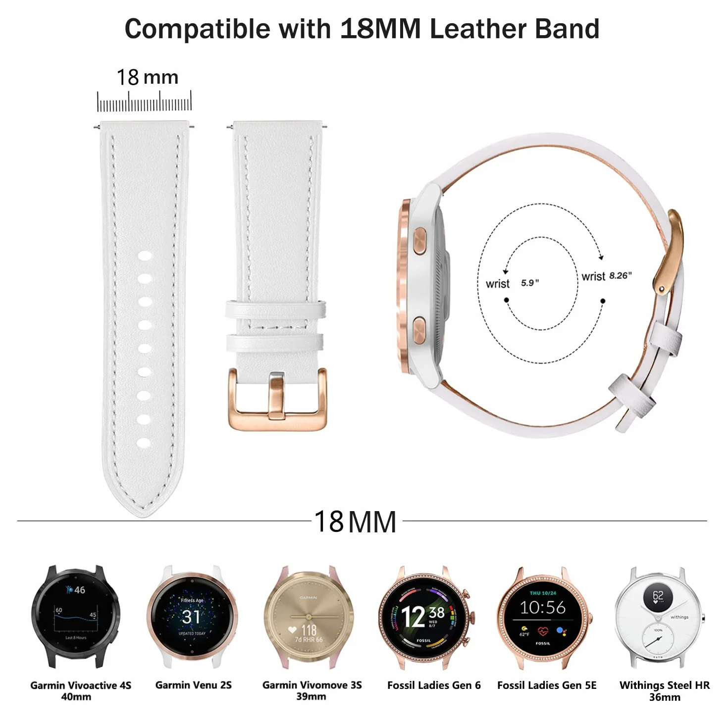 Issinlky oryginalny skórzany pasek kompatybilny Garmin Vivoactive 4S, Garmin Vivoactive 3S, Garmin Venu 2S, 18mm pasek do Fossil Women's Gen 5E 42 mm, Gen 6 42 mm, Fossile Q Venture Gen 3/Gen 4