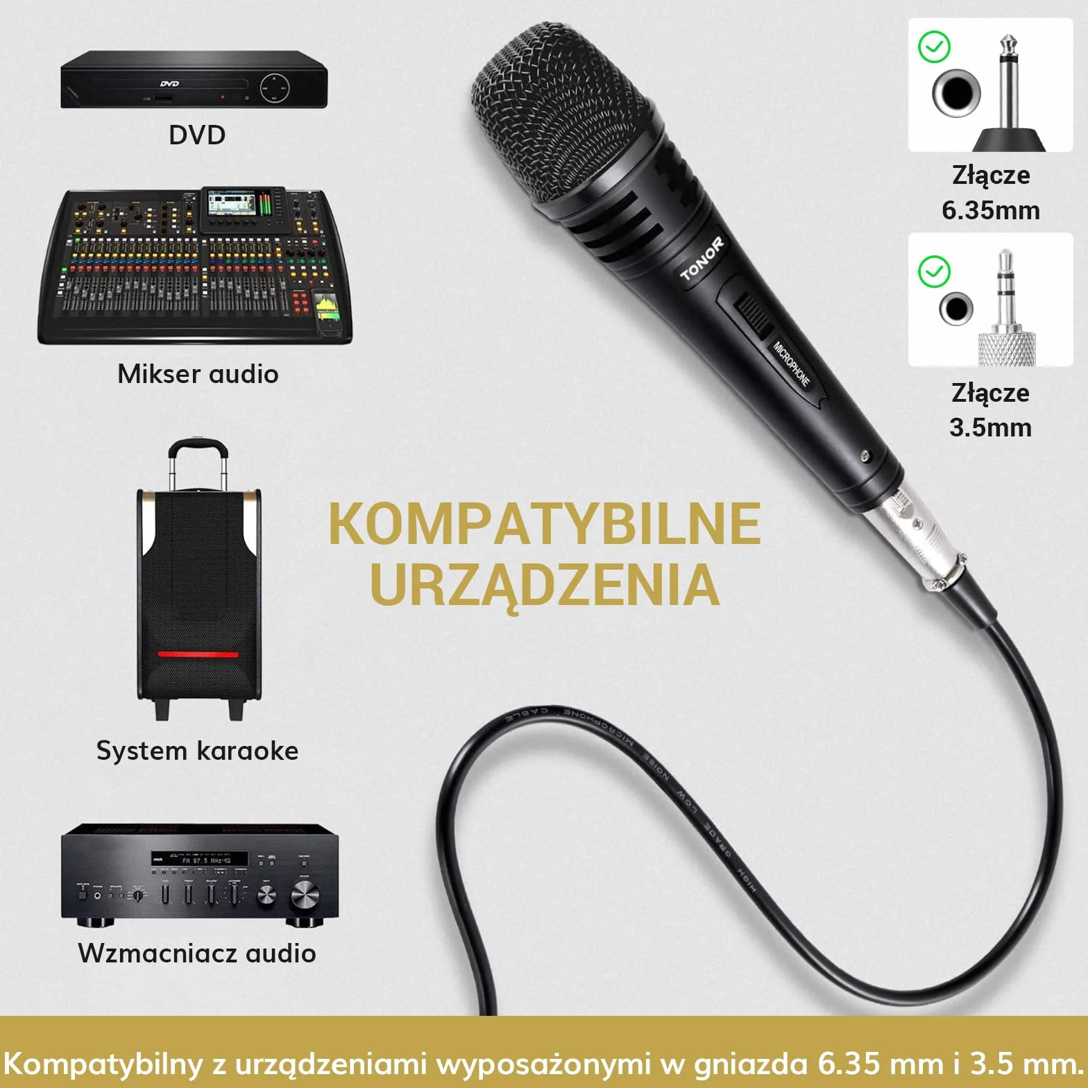 TONOR Dynamiczny mikrofon z kablem XLR 5 m, jack 6,35 mm, mikrofon ręczny, mikrofon kompatybilny z JBL Partybox, urządzenie do karaoke, mikromiks do DVD/telewizora/KTV audio/miksera